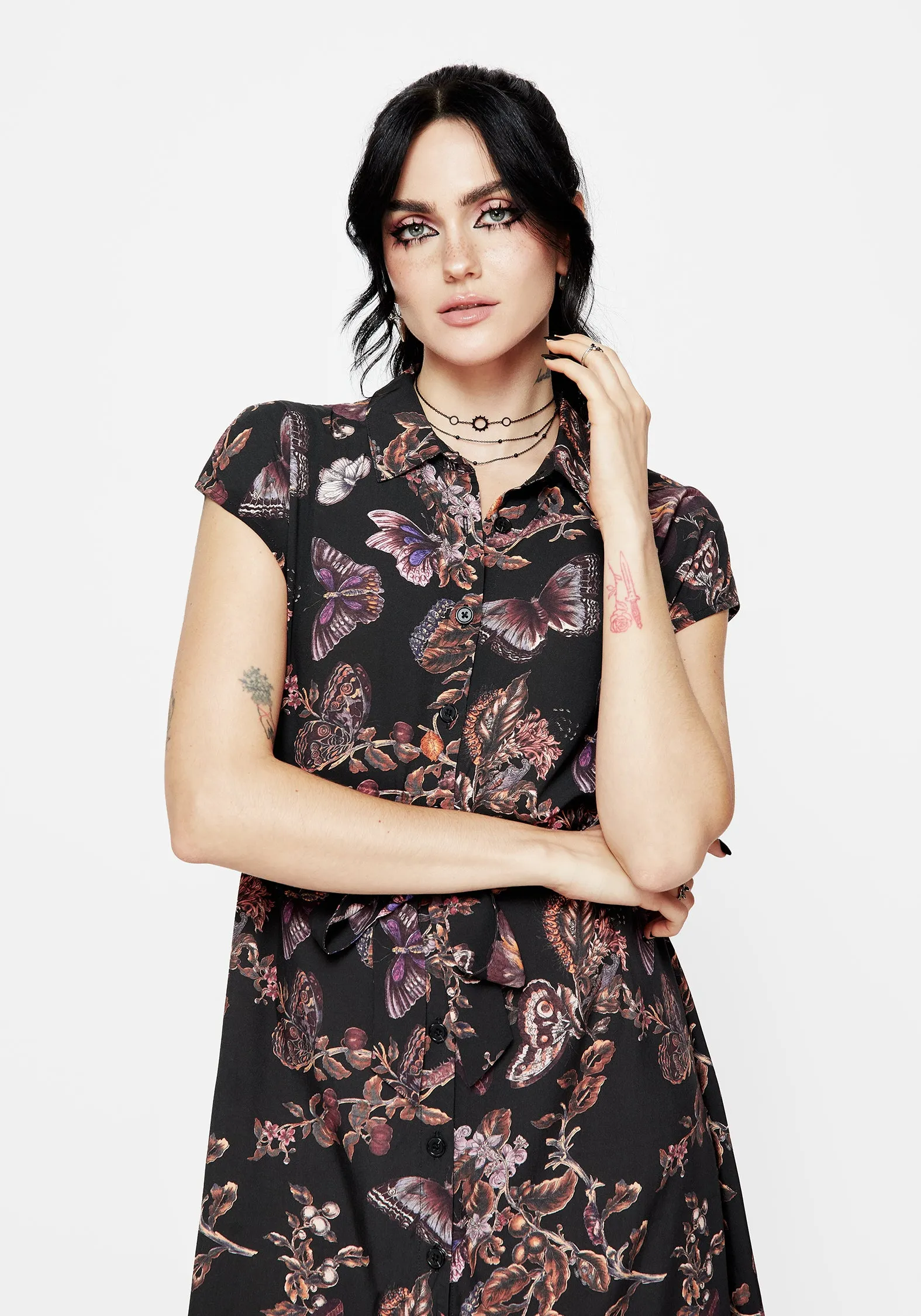 Autumn Essential Eloise Floral Butterfly Print Button Up Midi Dress
