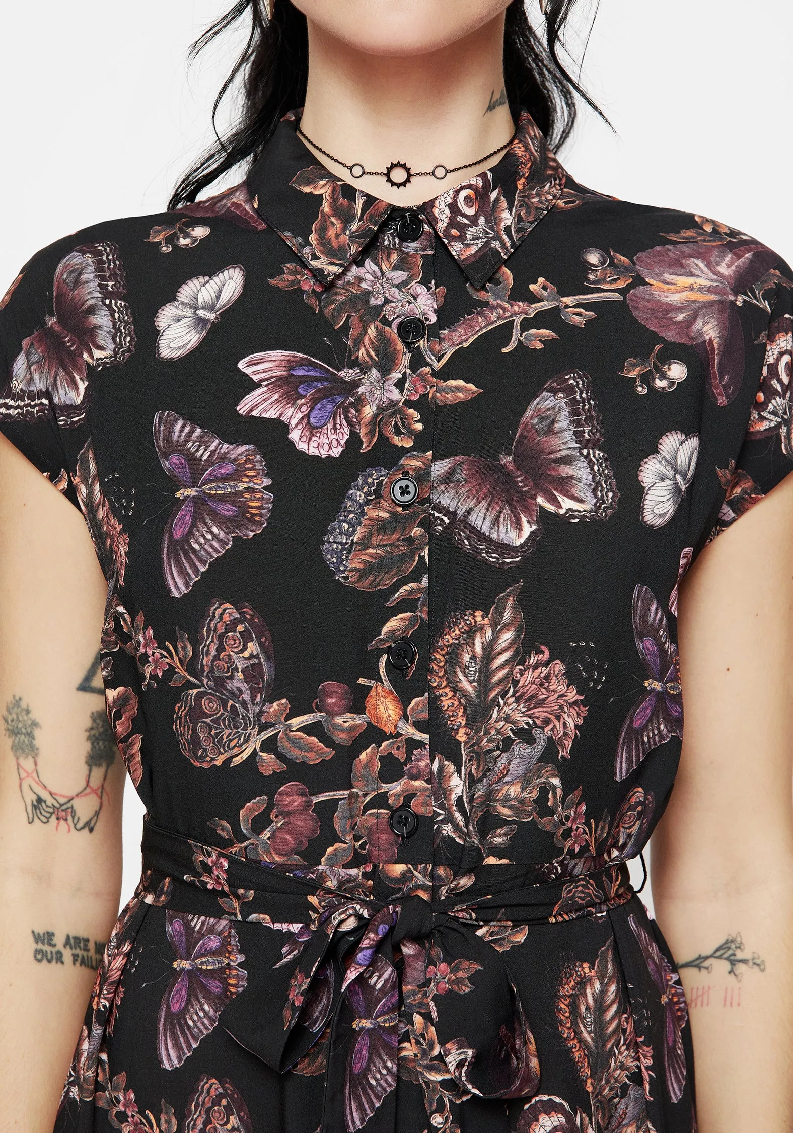 Eloise Floral Butterfly Print Button Up Midi Dress Buckle-Detail Lace Soft