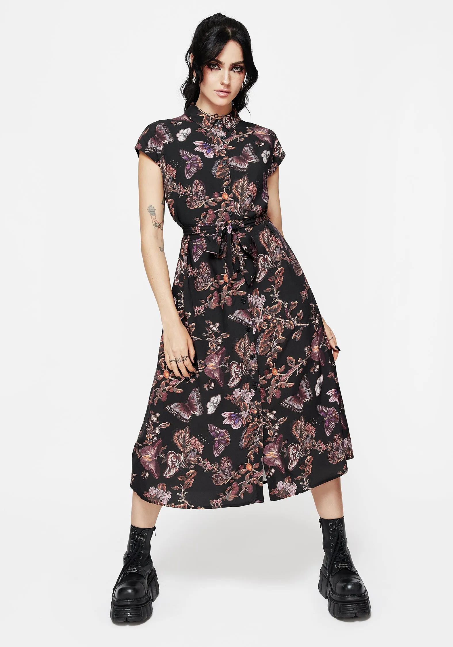 Crisp Finish Eloise Floral Butterfly Print Button Up Midi Dress