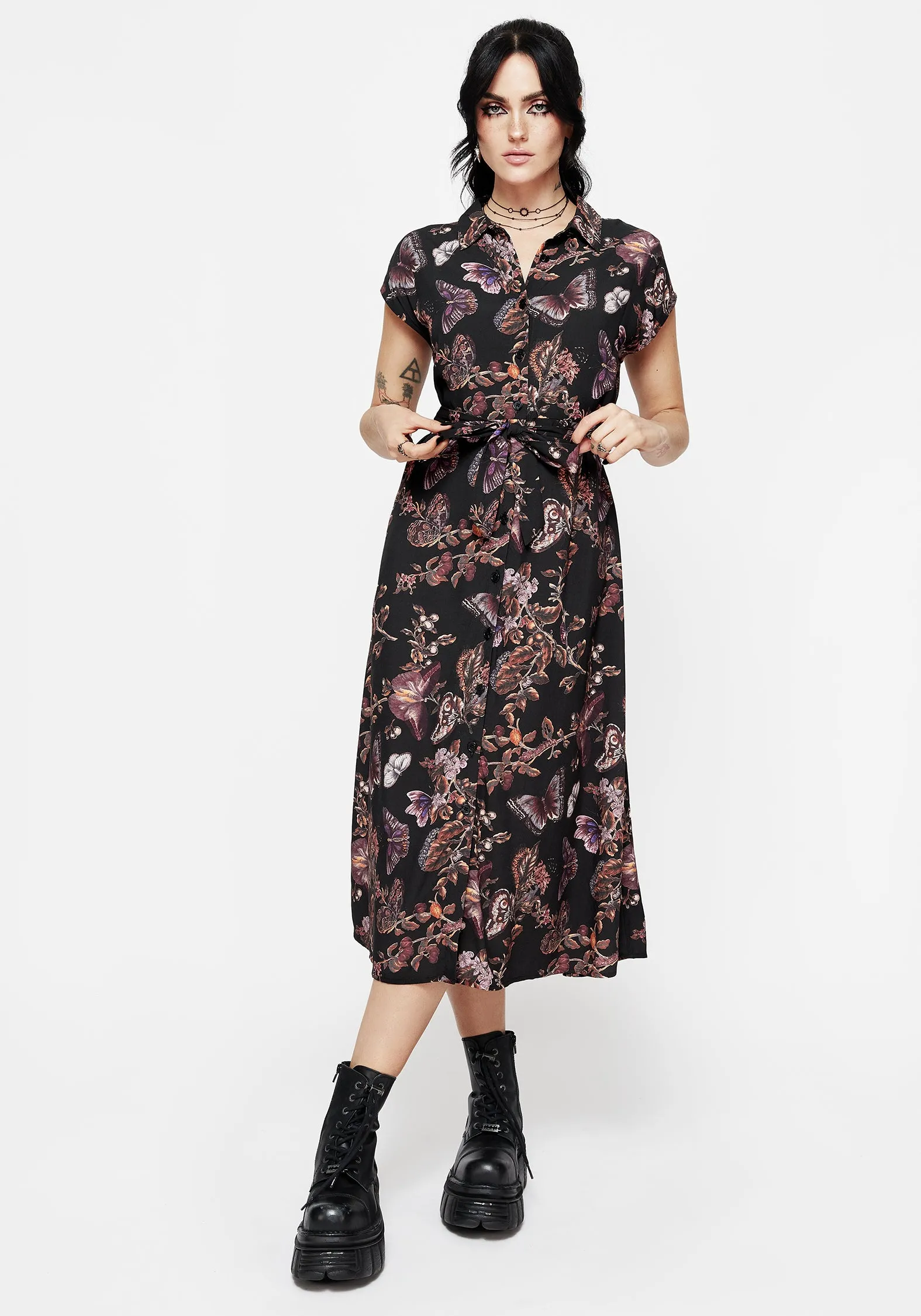 Eloise Floral Butterfly Print Button Up Midi Dress Easy-Storage