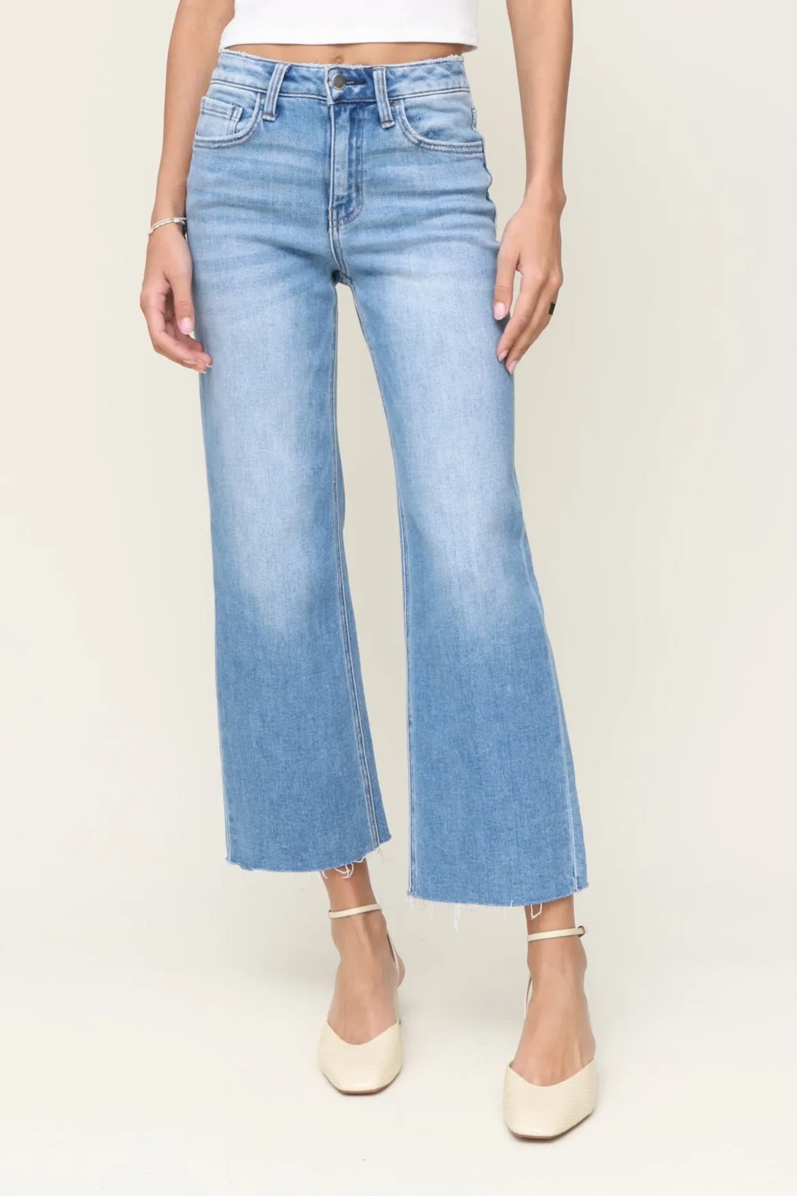 Light wash High Rise Crop Slim Wide Leg