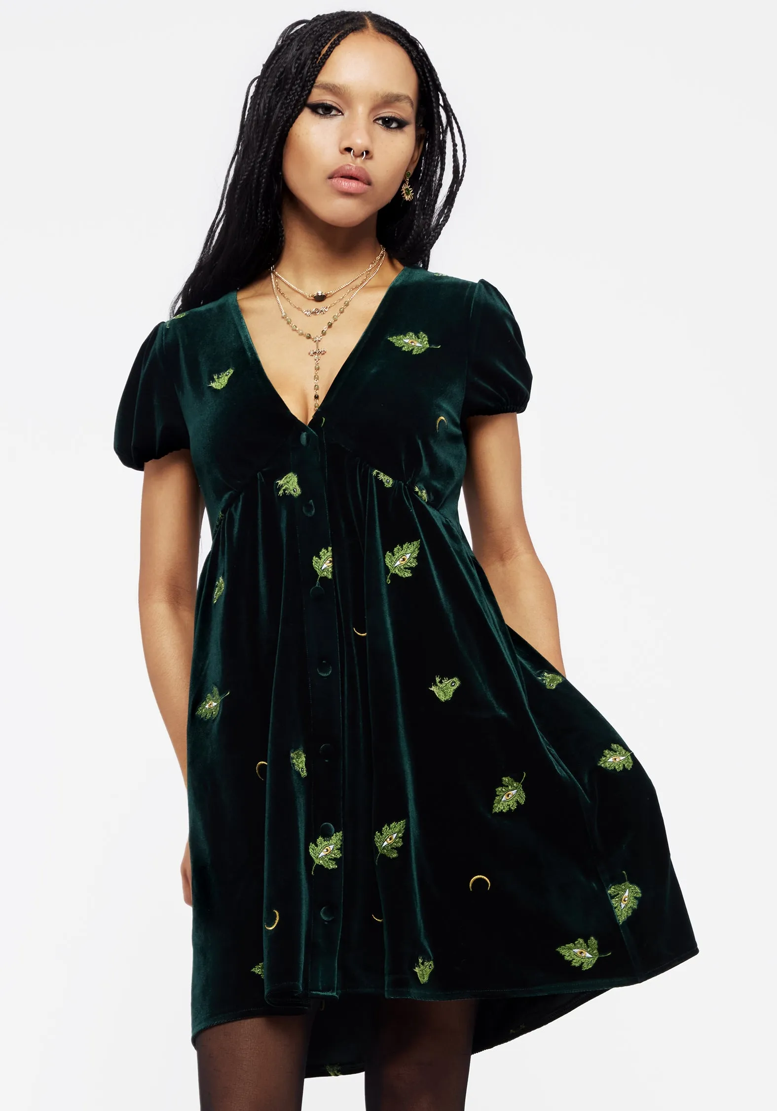 Casual Vibes Swamplife Frog Embroidered Velour Button Up Mini Dress