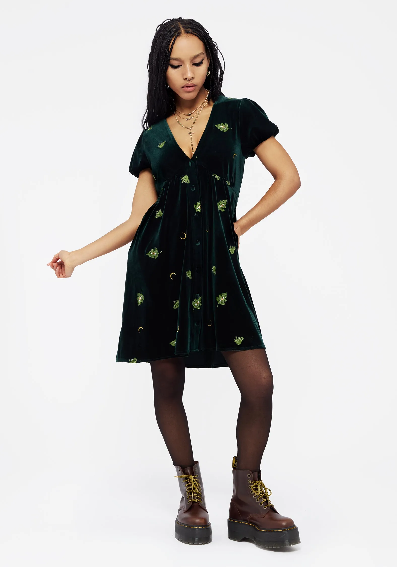 Scene Pop Night Sparkle Swamplife Frog Embroidered Velour Button Up Mini Dress