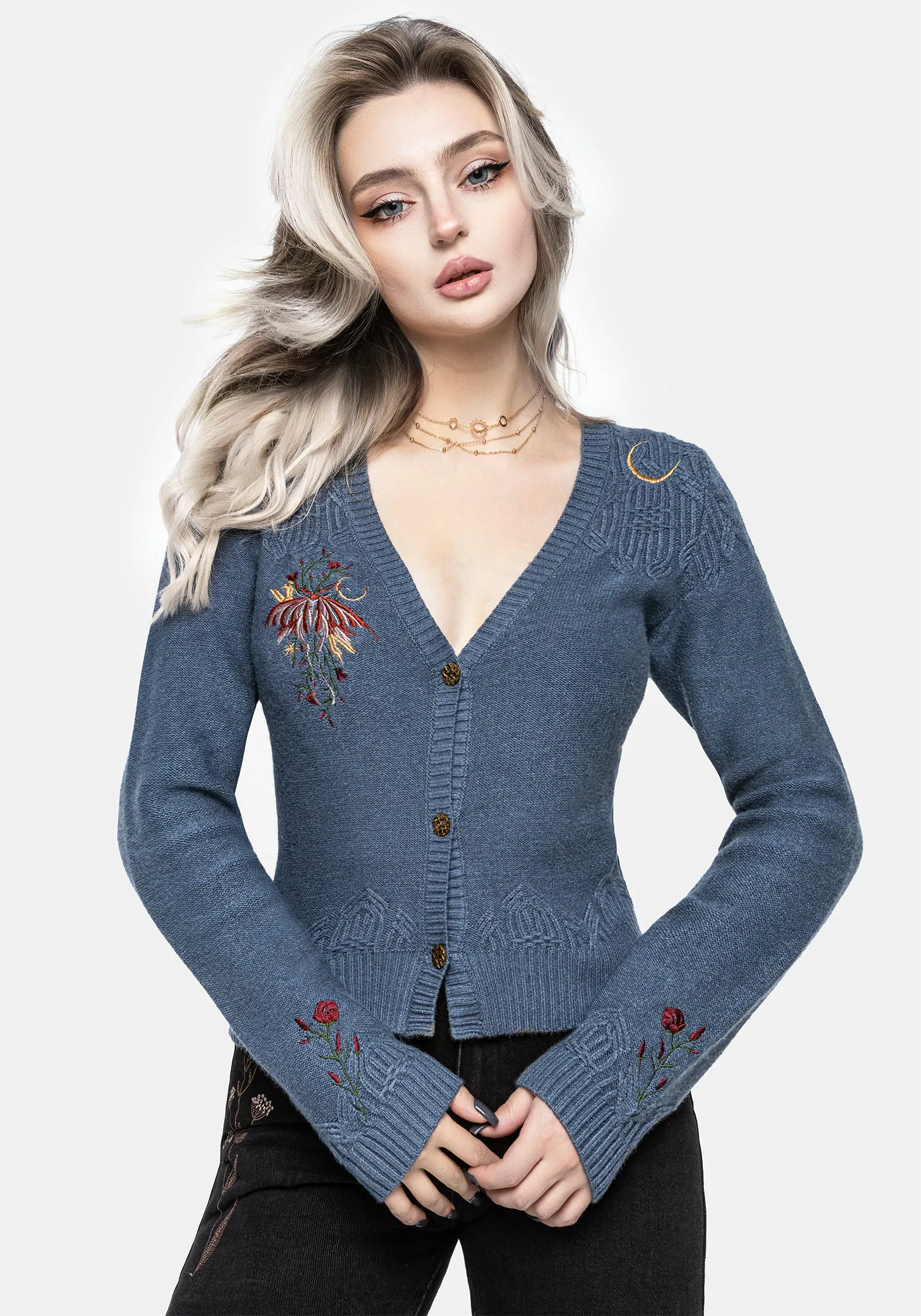 Selenia Moth Embroidered Cable Twist Knit Cardigan SeamlessDesign BreathableMoistureBarrier