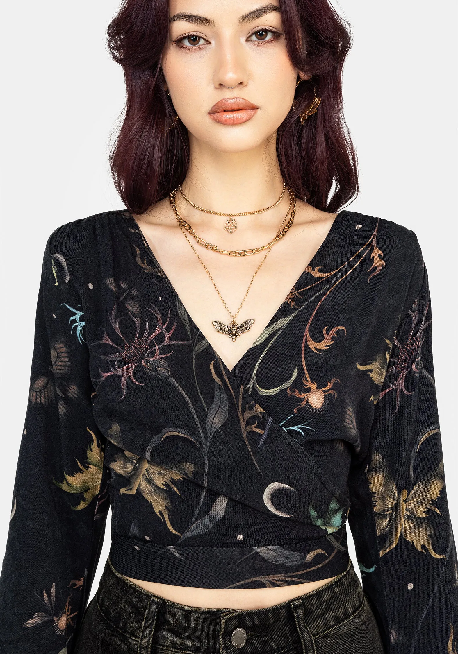 Recycled Polyester Fabric Multi Pocket Functional Design Rosanella Floral Print Flare Sleeve Wrap Top