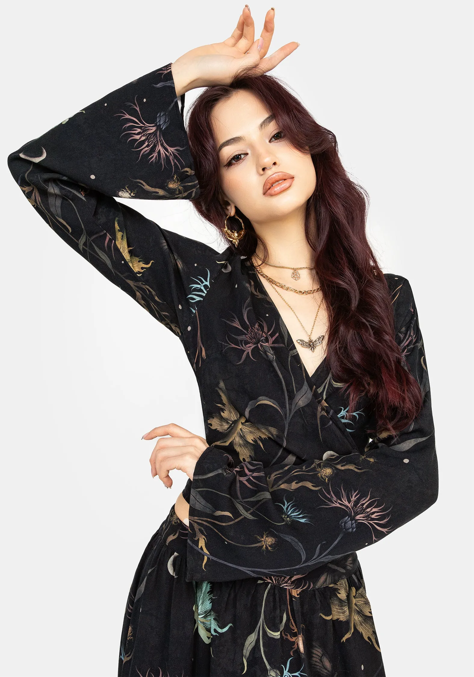 SublimatedPrint Rosanella Floral Print Flare Sleeve Wrap Top
