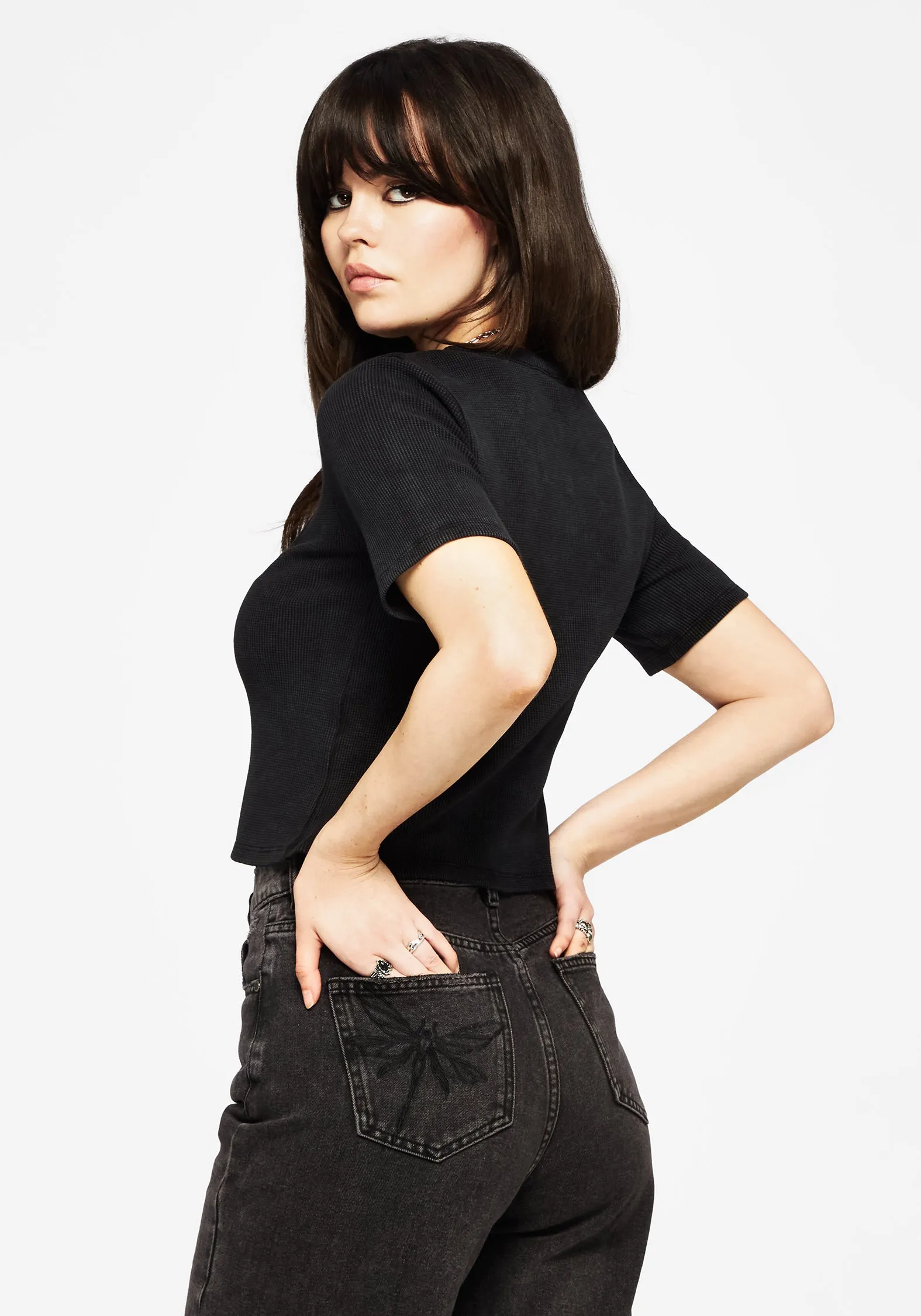 Tailored Silhouette Flexible Design Faye Cotton-Blend Floral Embroidered Waffle Button Up Top