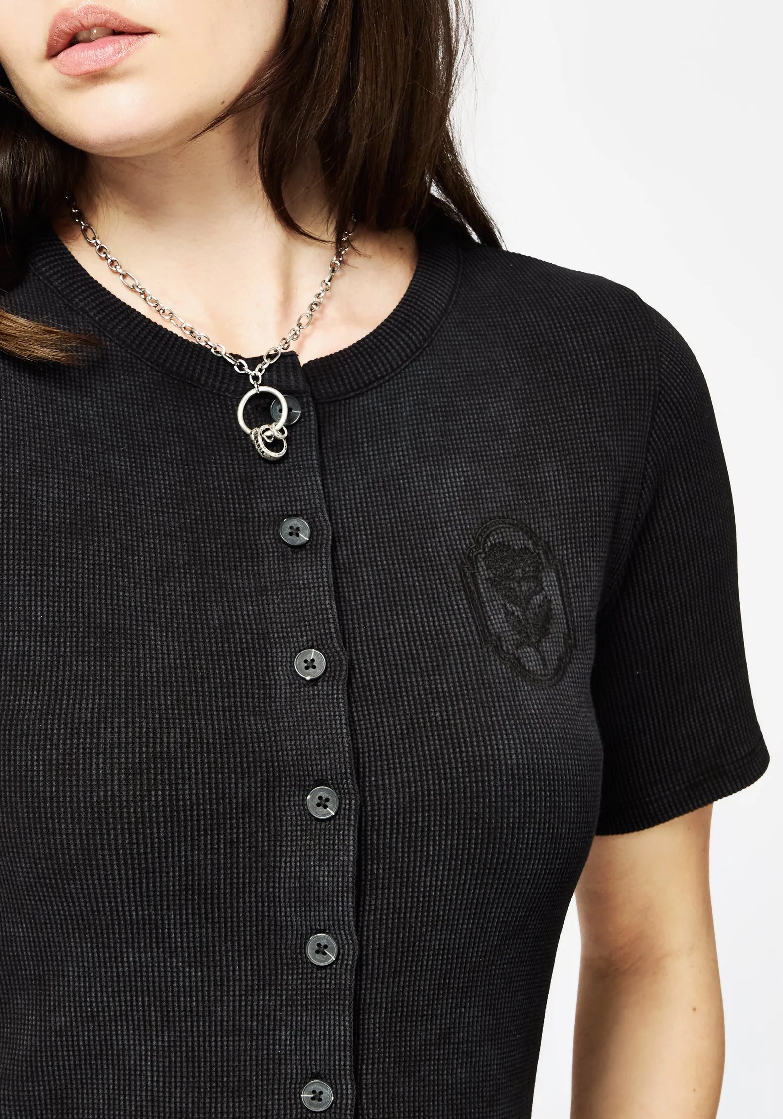 Airflow Ventilation System LowImpact Manufacturing Faye Cotton-Blend Floral Embroidered Waffle Button Up Top