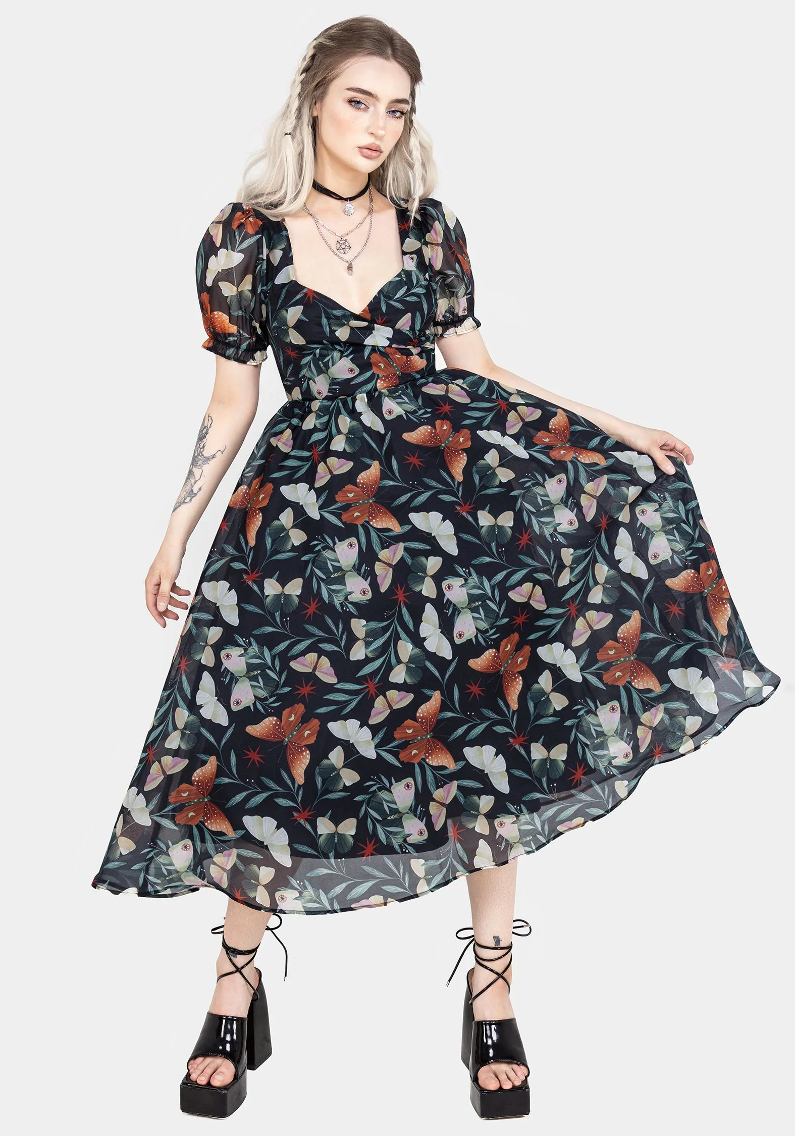 Mariposa Puff Sleeve Organza Midi Dress Relax Layers