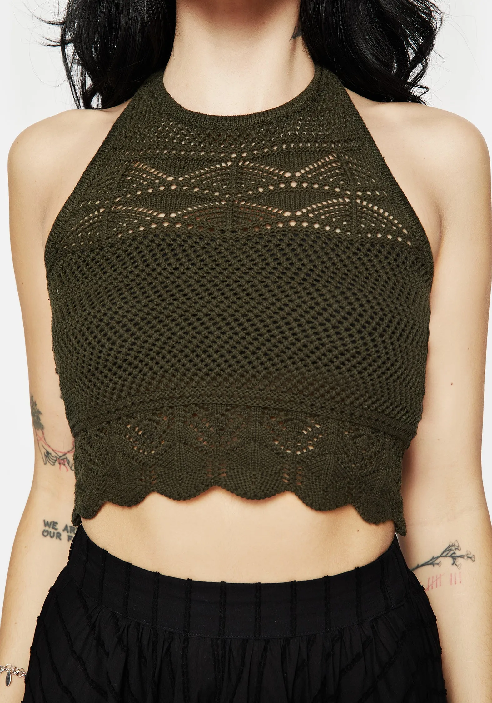 Relaxed Tank Hooked Pointelle Halter Crop Top - Green