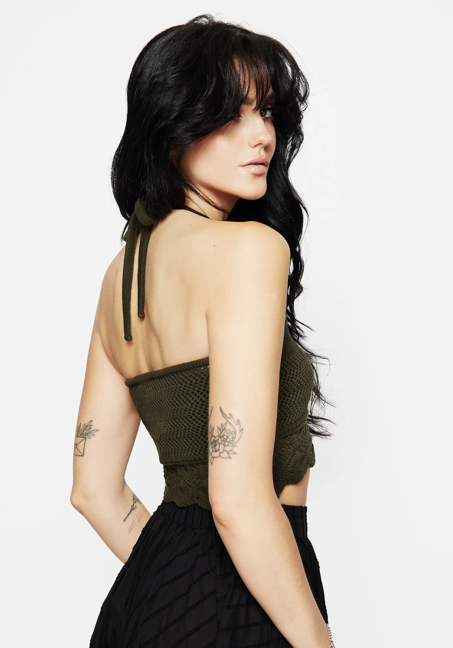 Hooked Pointelle Halter Crop Top - Green Hypoallergenic Inner Layer Wrinkle Resistant Texture