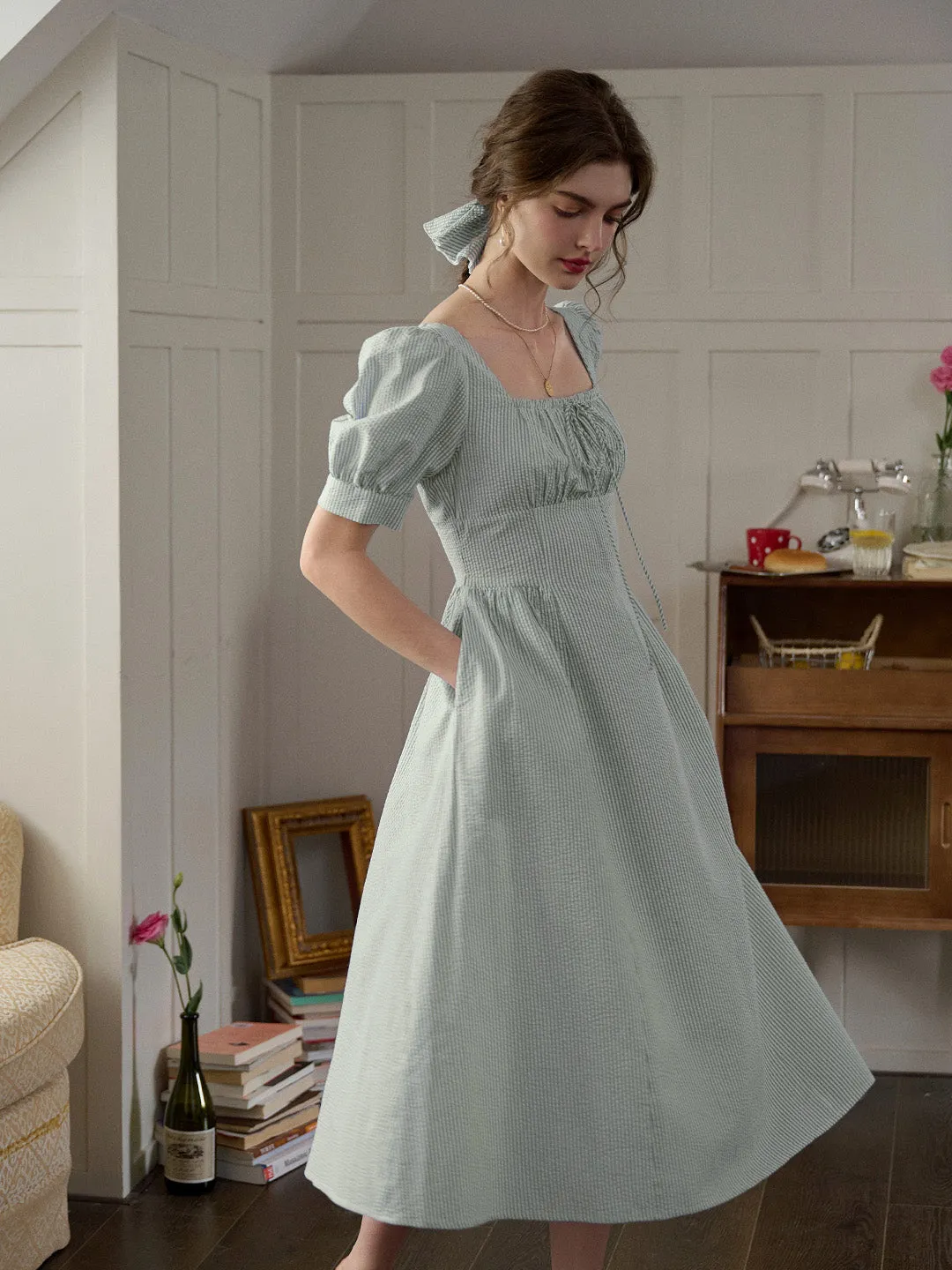 Soft-Lining Remi Square Neck Stripe Cotton Dress