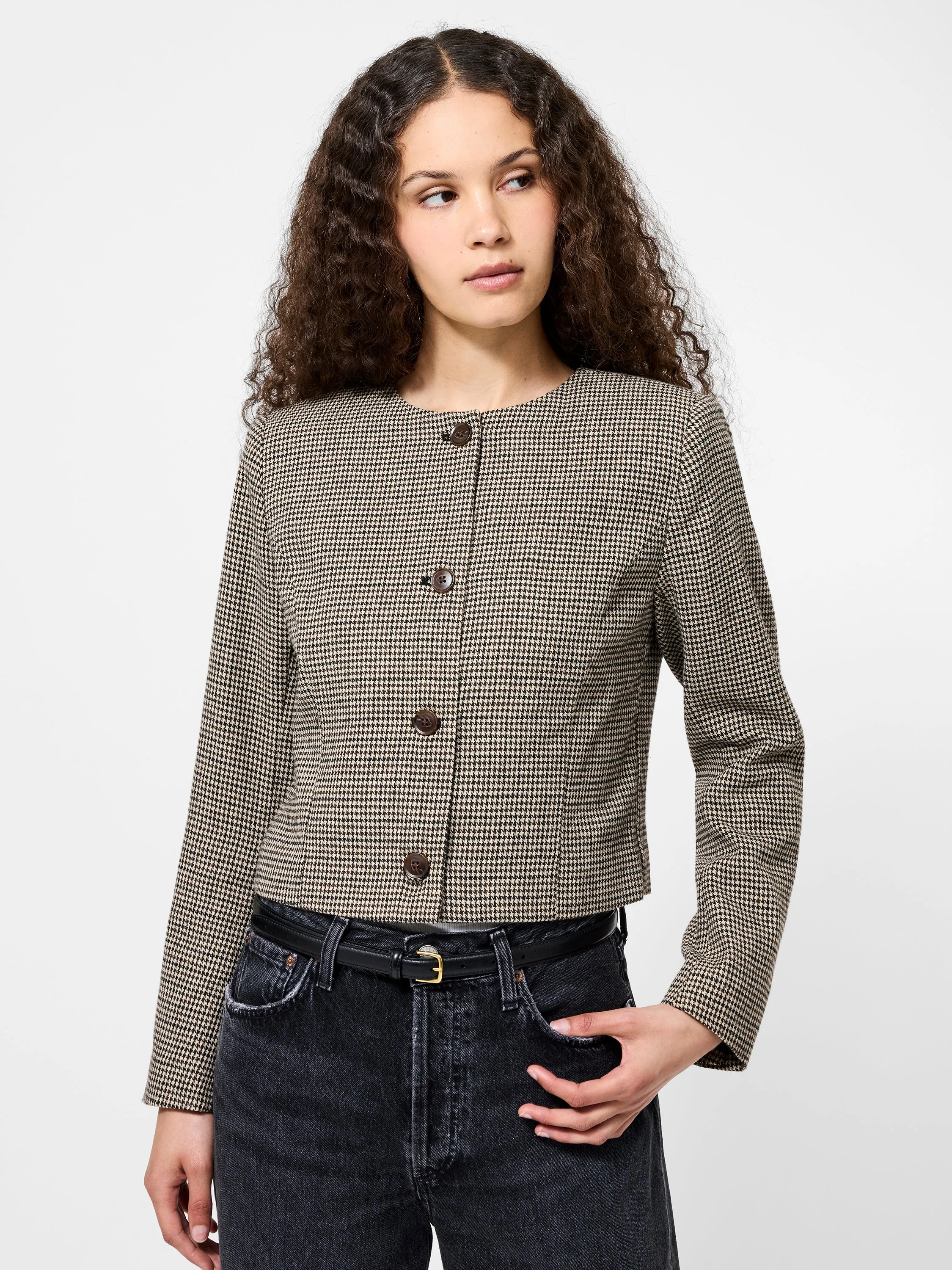Touchscreen Compatible Cuffs Houndstooth Wool Jacket