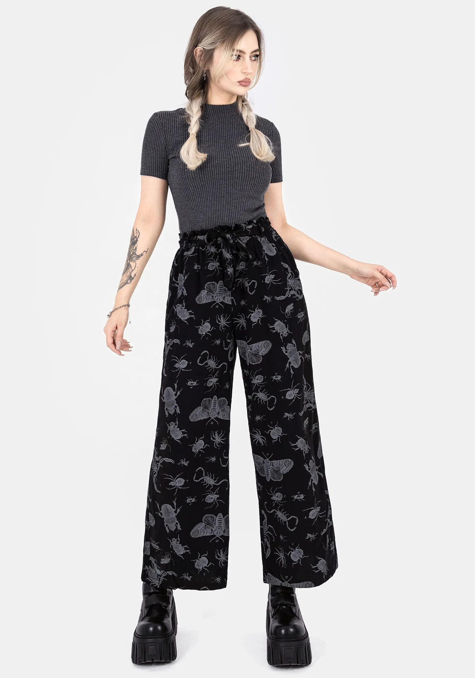 Parasite Bugs Wide Leg Paperbag Culotte Trousers - Black Gentle Vibe