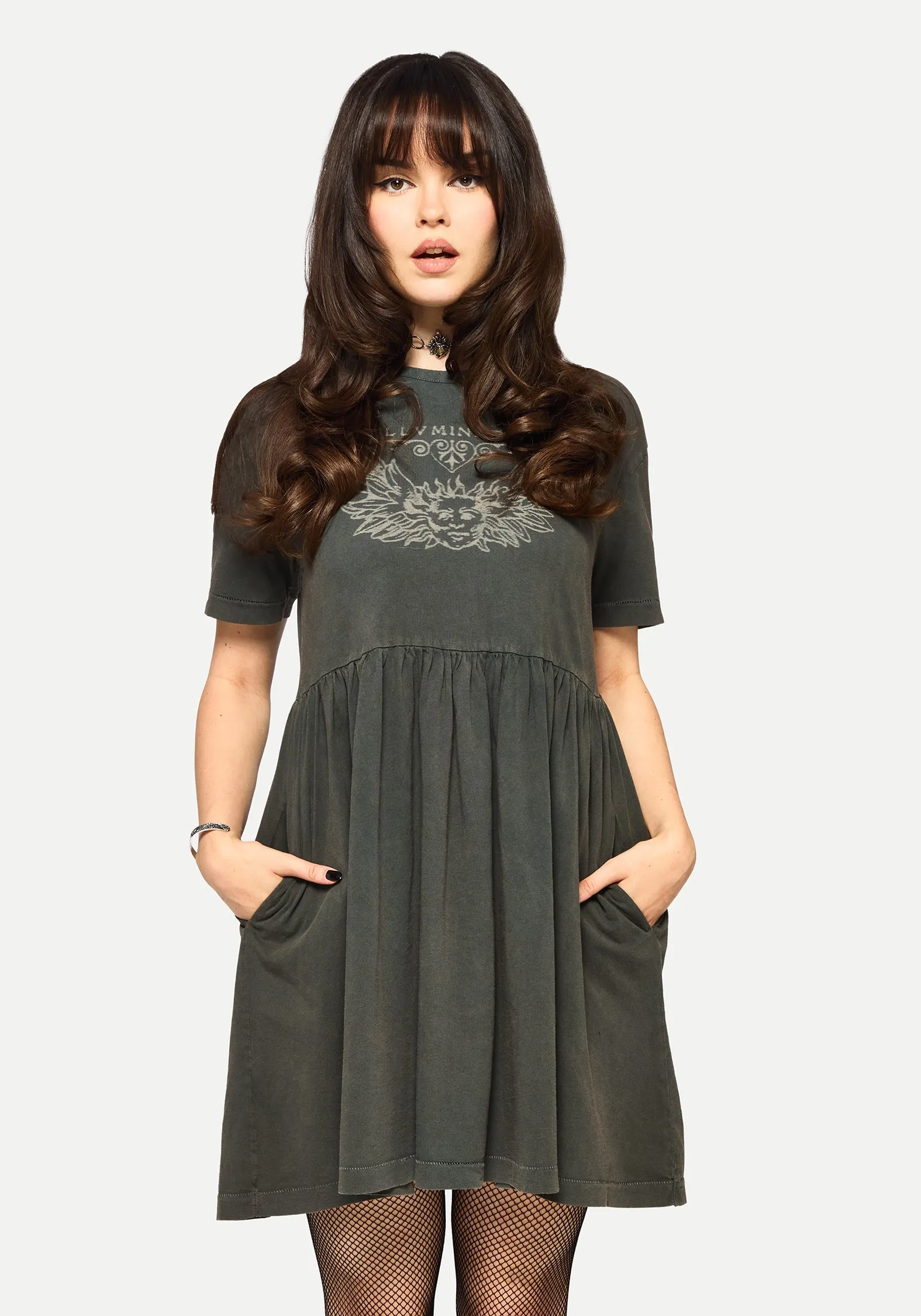 Reversible-Style Illvminatio Bleach Graphic Cotton Mini Skater Dress
