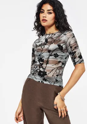 Comfy and Versatile Wytchelm Flocked Mesh Short Sleeve Top - Blue