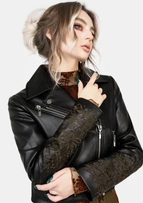Vervain Embroidered Faux Leather Biker Jacket FullCoverageHood