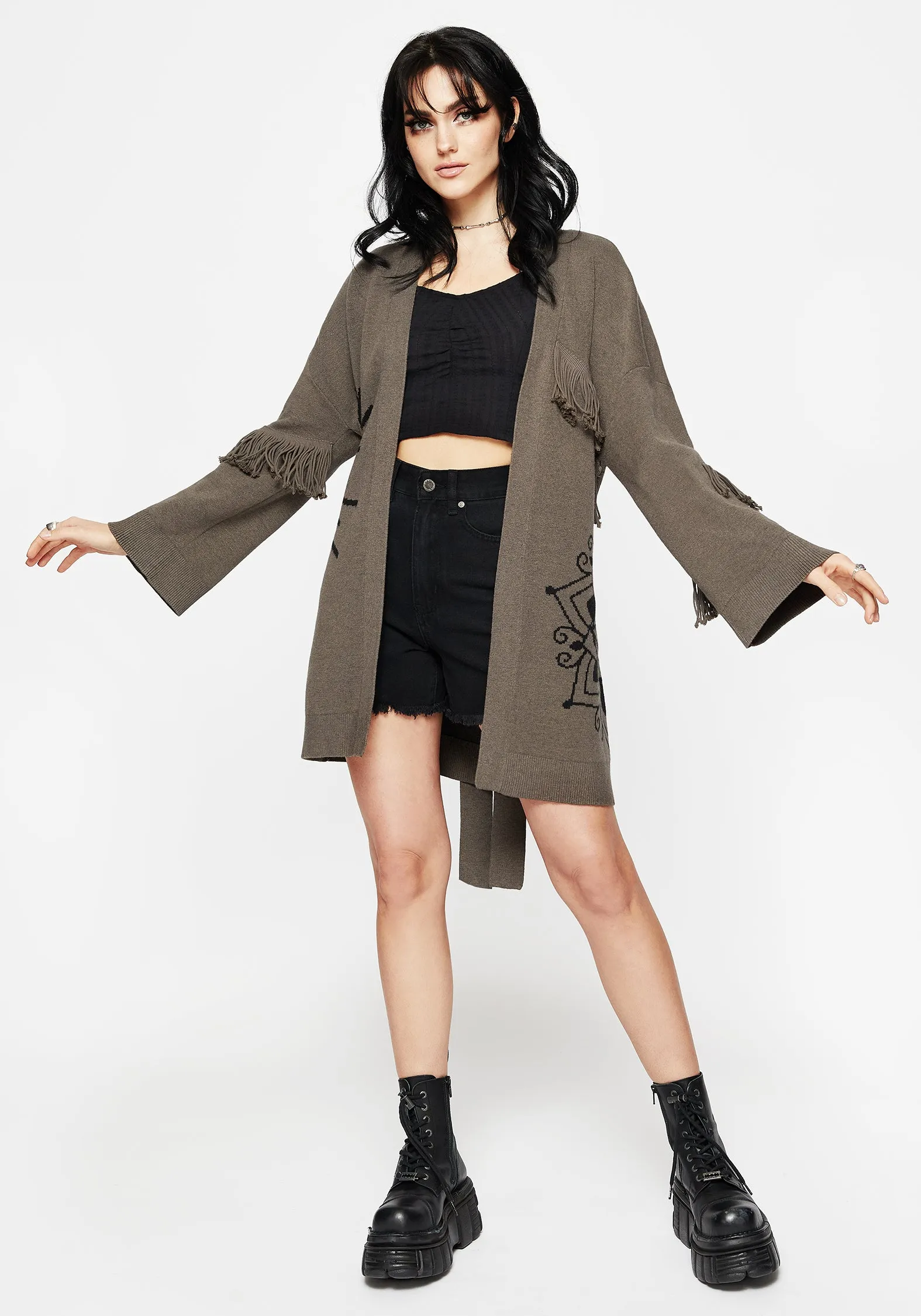 Odor control Iris Flare Sleeve Longline Fringe Knit Cardigan