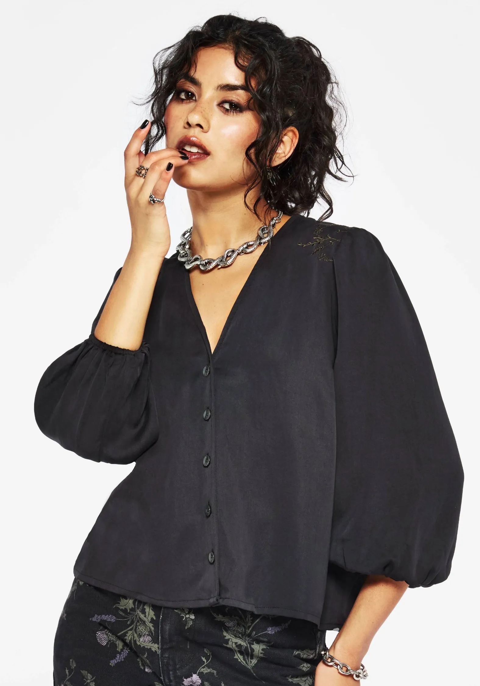 Chic Tee Isidora Embroidered Button Up Blouse