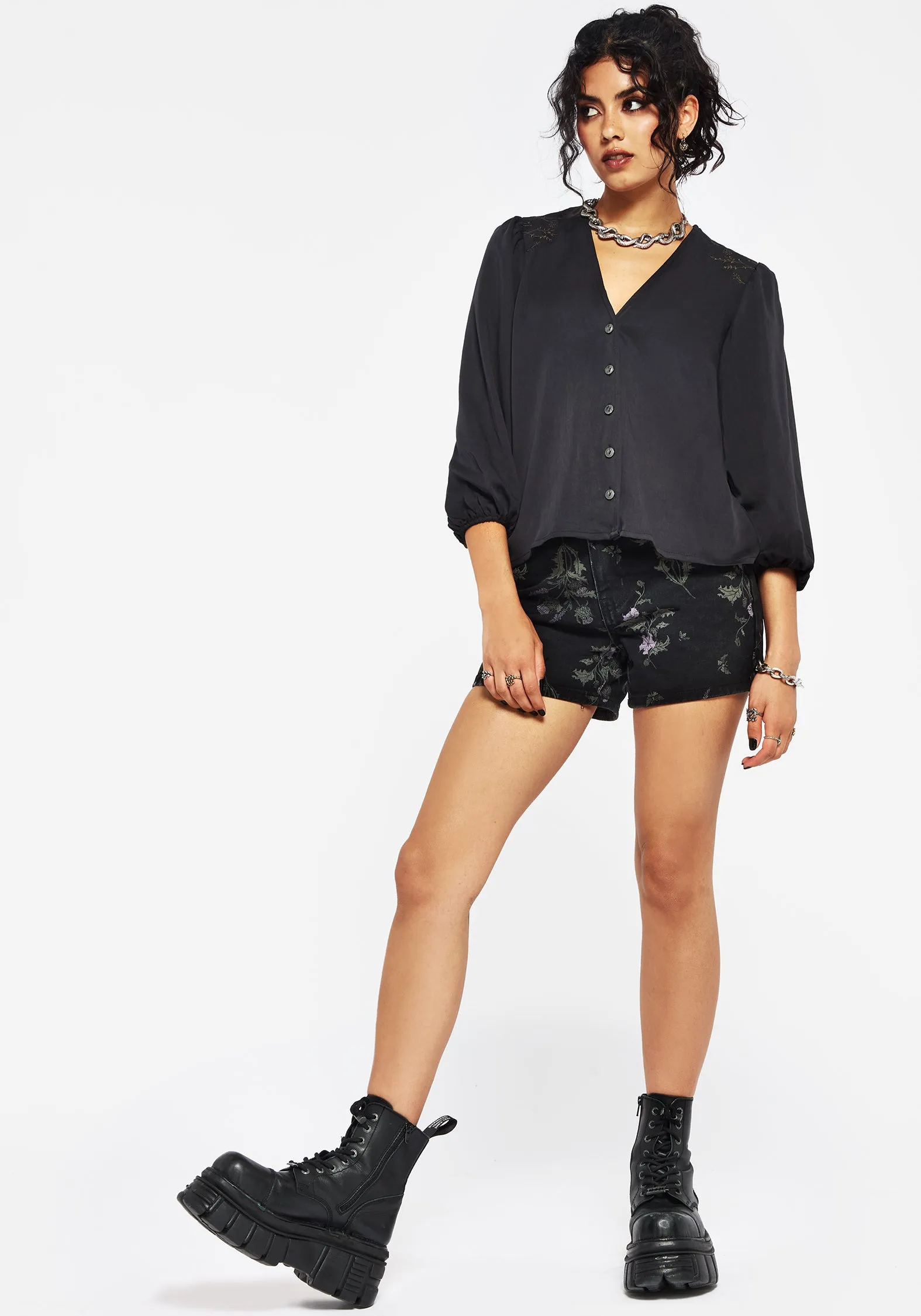 Isidora Embroidered Button Up Blouse CompressionTechnology Antimicrobial Treatment