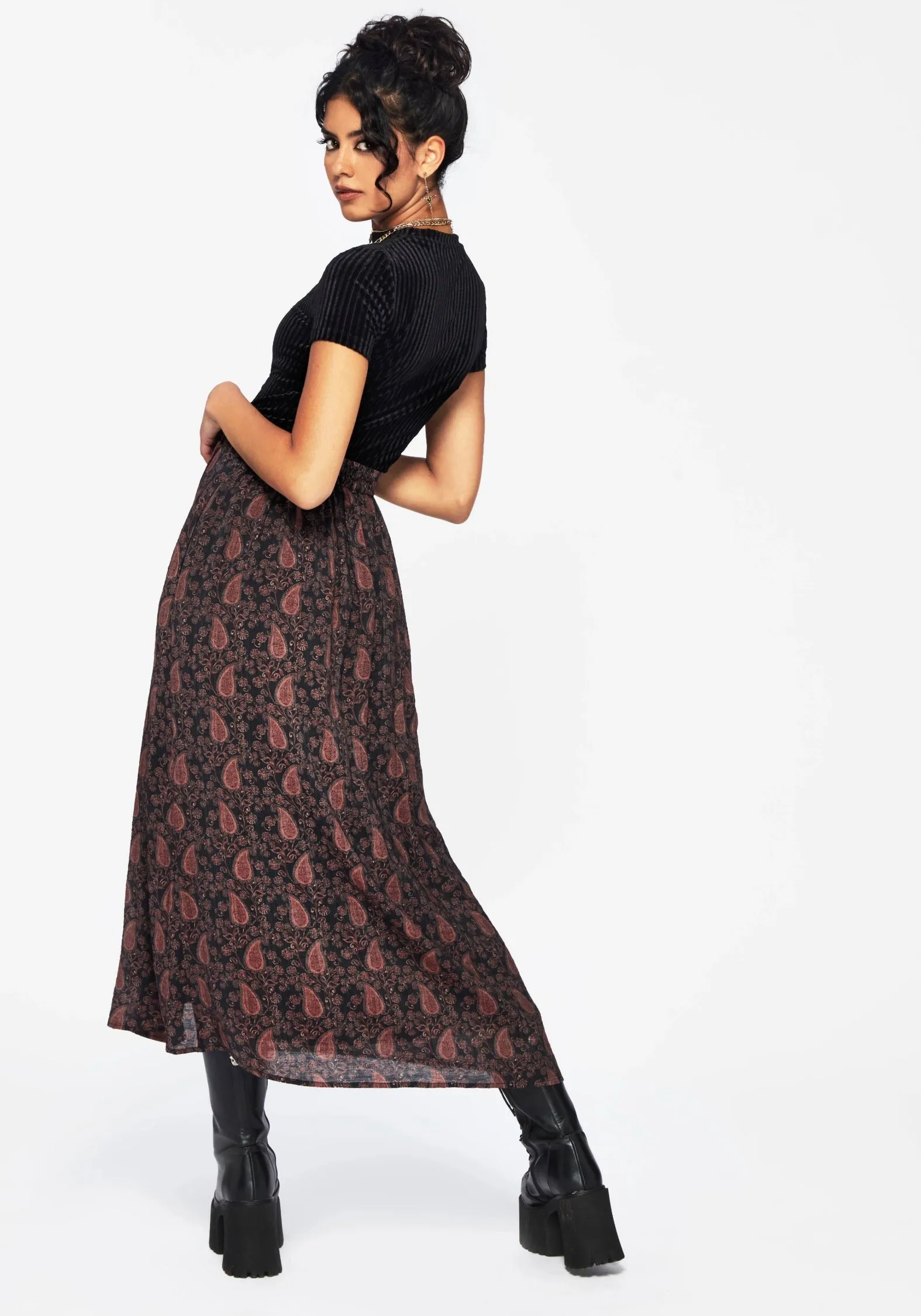Isola Paisley Print Asymmetric Button Up Midaxi Skirt Versatile Fit Two Tone Trim