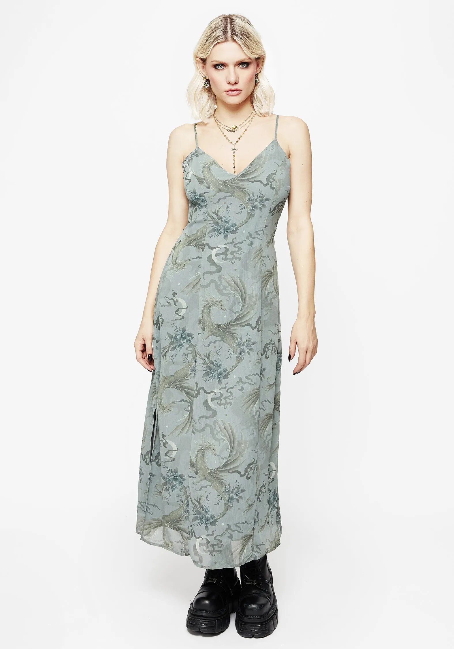 Summer Staple Sapphira Dragon Print Chiffon Midaxi Slip Dress