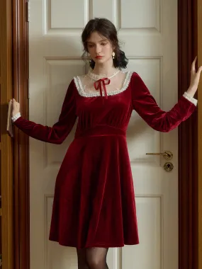 Janelle Retro Elegant Bow Lace Splicing Round Neck Velvet Dress Fit for All Seasons Convertible-Style