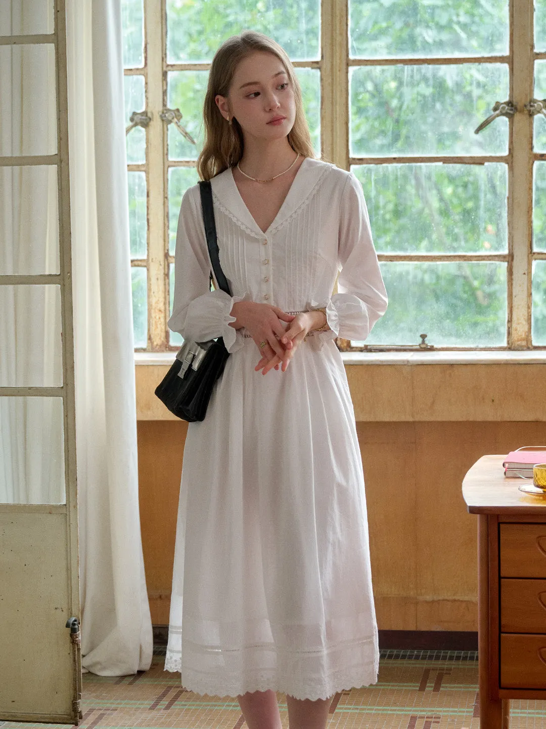 JennaV-Neck100%CottonWhiteDress Soft Composition Vintage feel