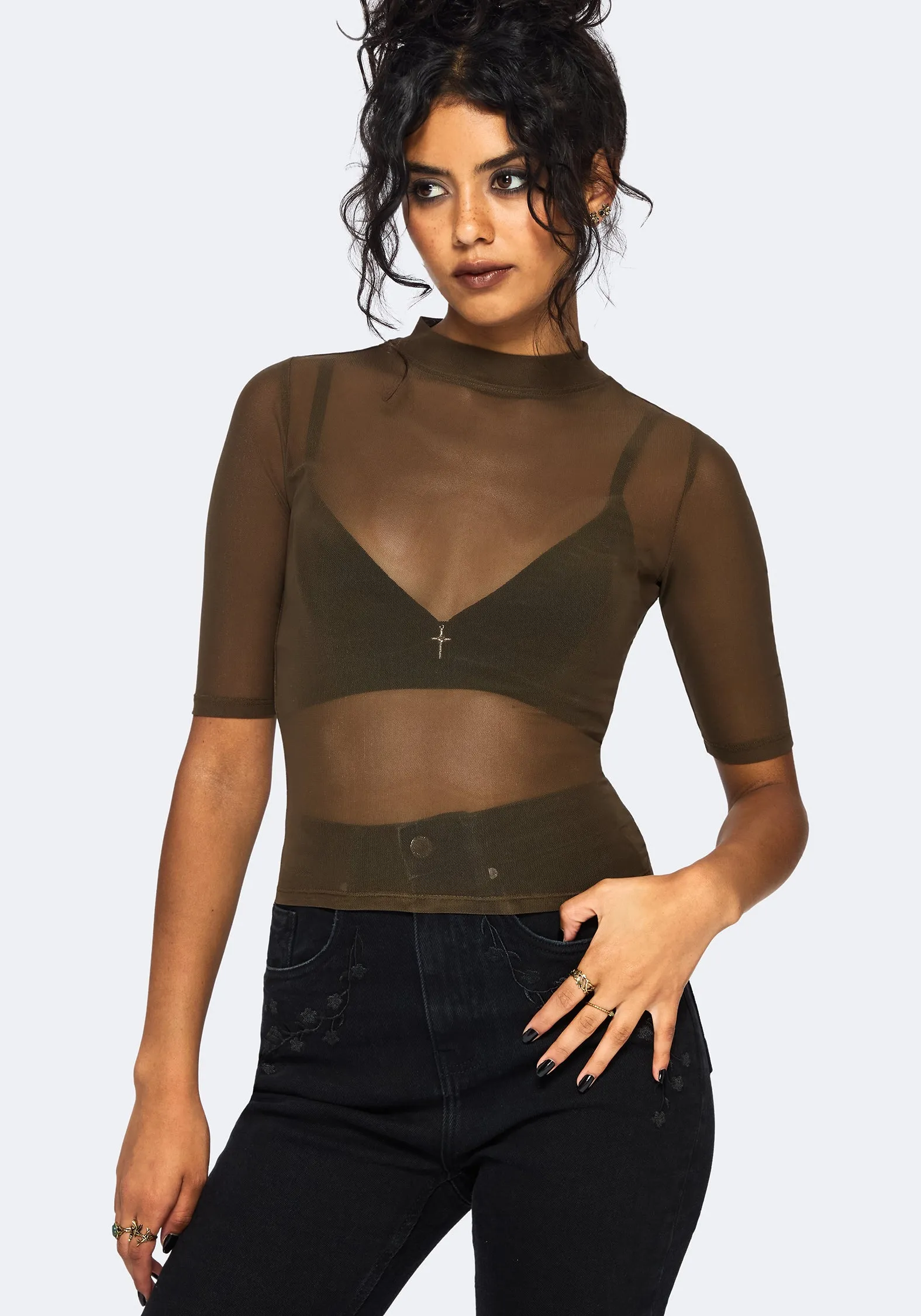 Jinx Mesh Short Sleeve Top - Khaki Green Cozy Sweatshirt