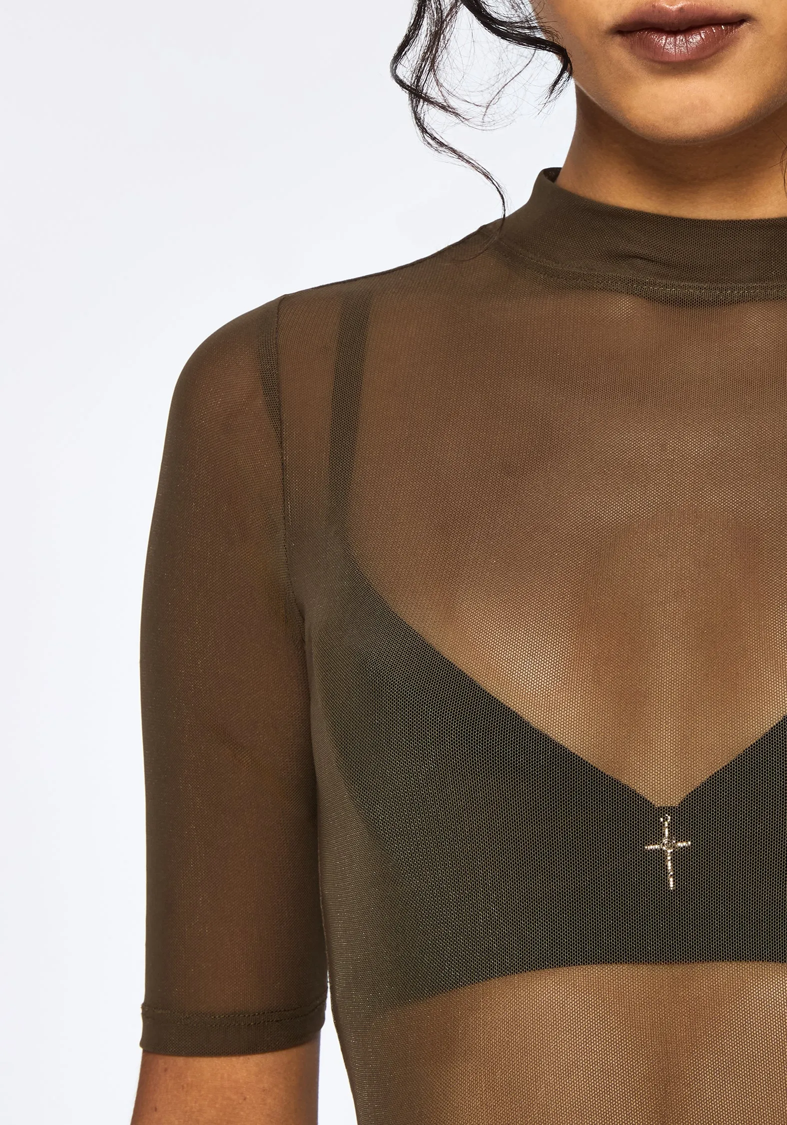 Jinx Mesh Short Sleeve Top - Khaki Green Non Chafe Armholes RibbedCuff