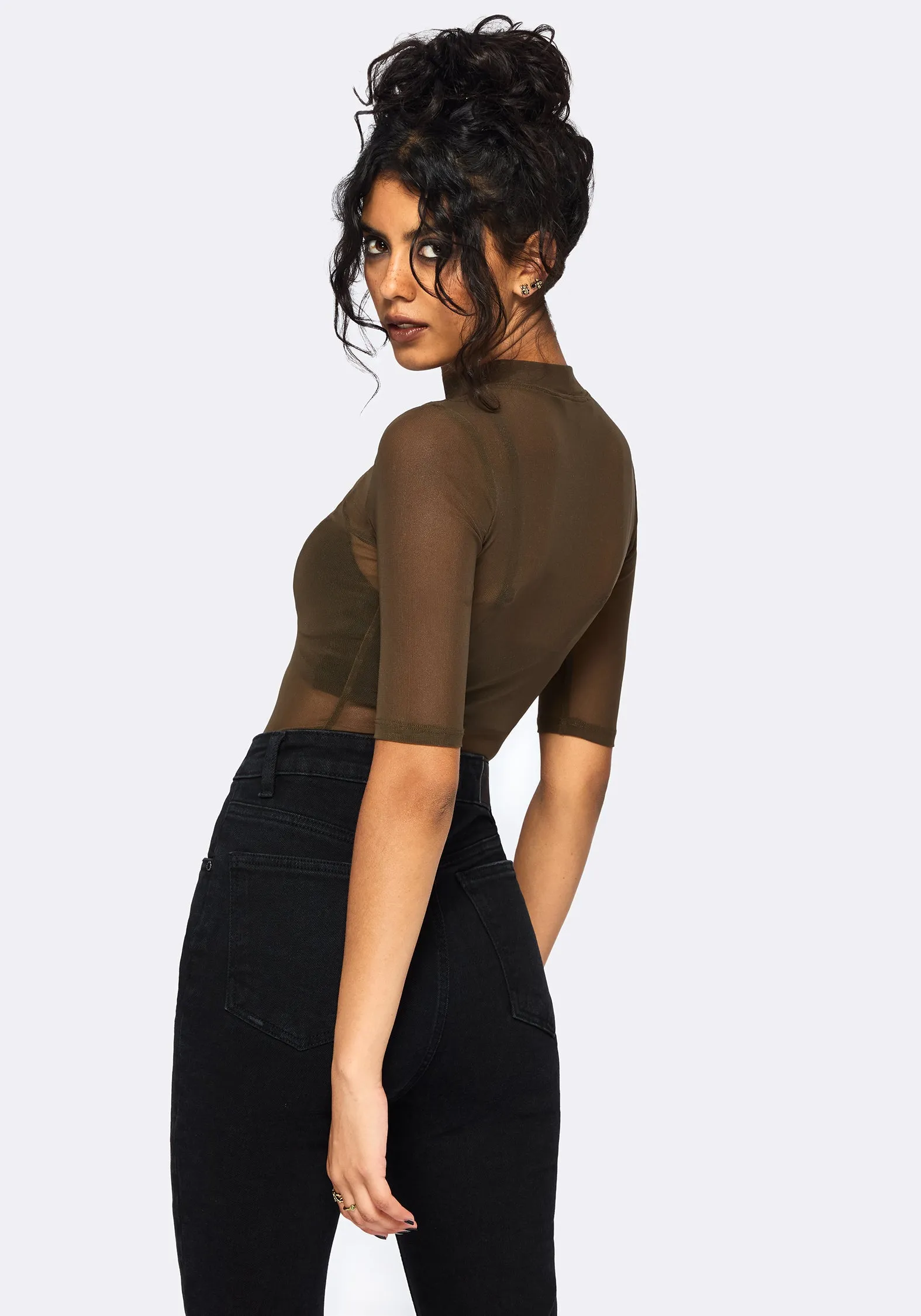 Loose Blouse Jinx Mesh Short Sleeve Top - Khaki Green