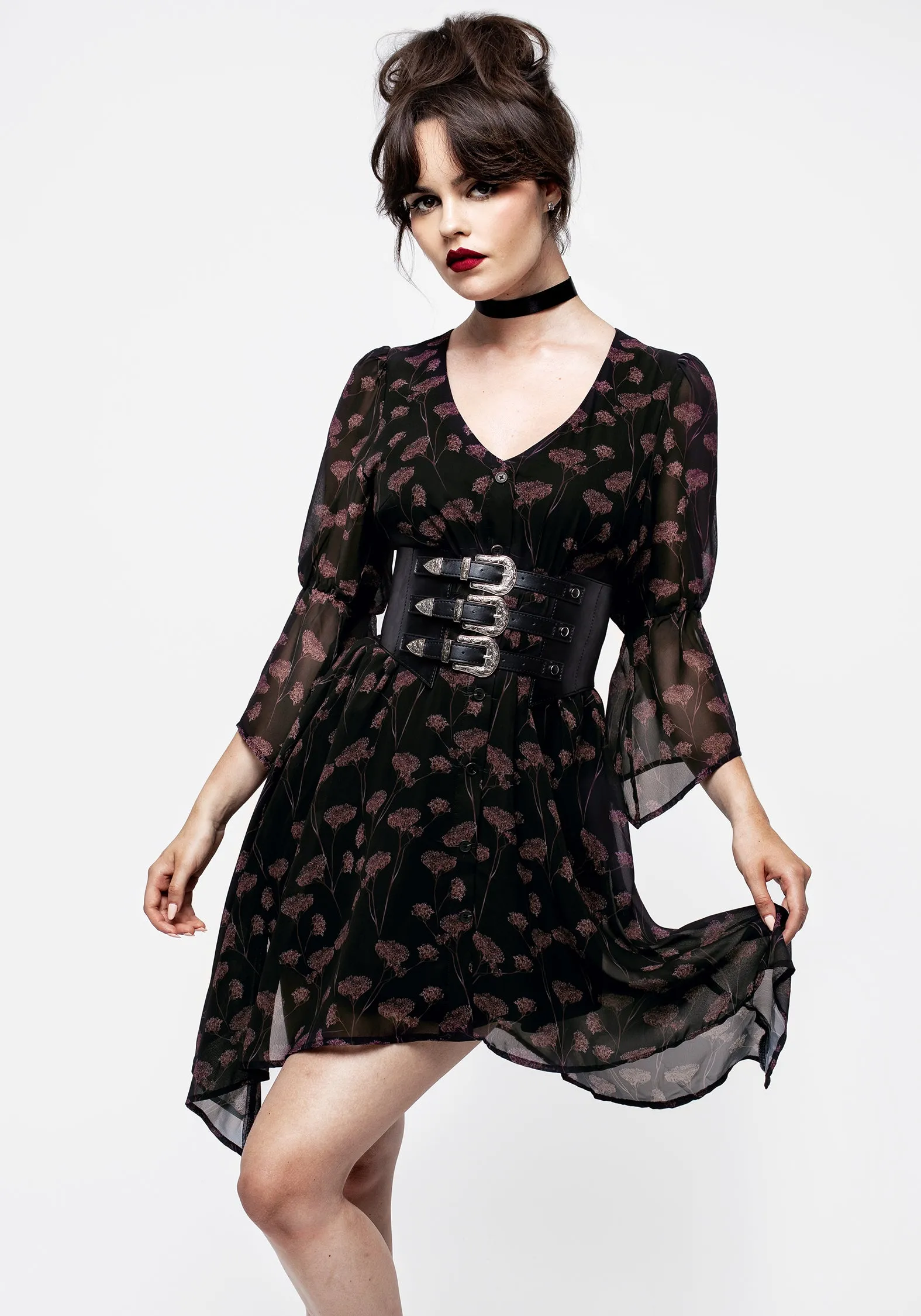 Mesh-Sleeve Lunch Date Judas V-Neck Flute Sleeve Mini Shirt Dress