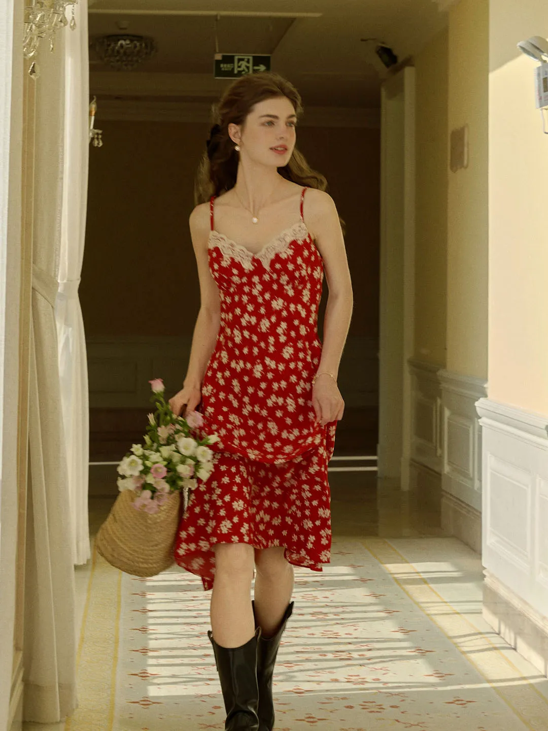 Smart Glide Juliana Lace Patchwork V-neck Floral Suspender Dress