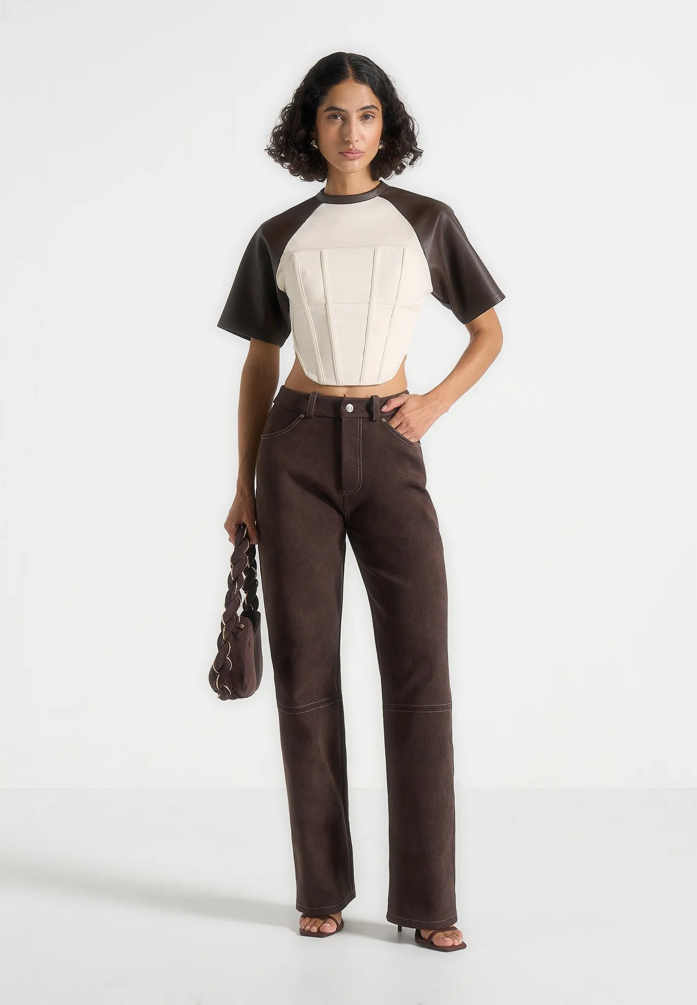 Juline - Leather Corset T-Shirt - Cream/Brown Perfect Comfort UV Protection Fabric