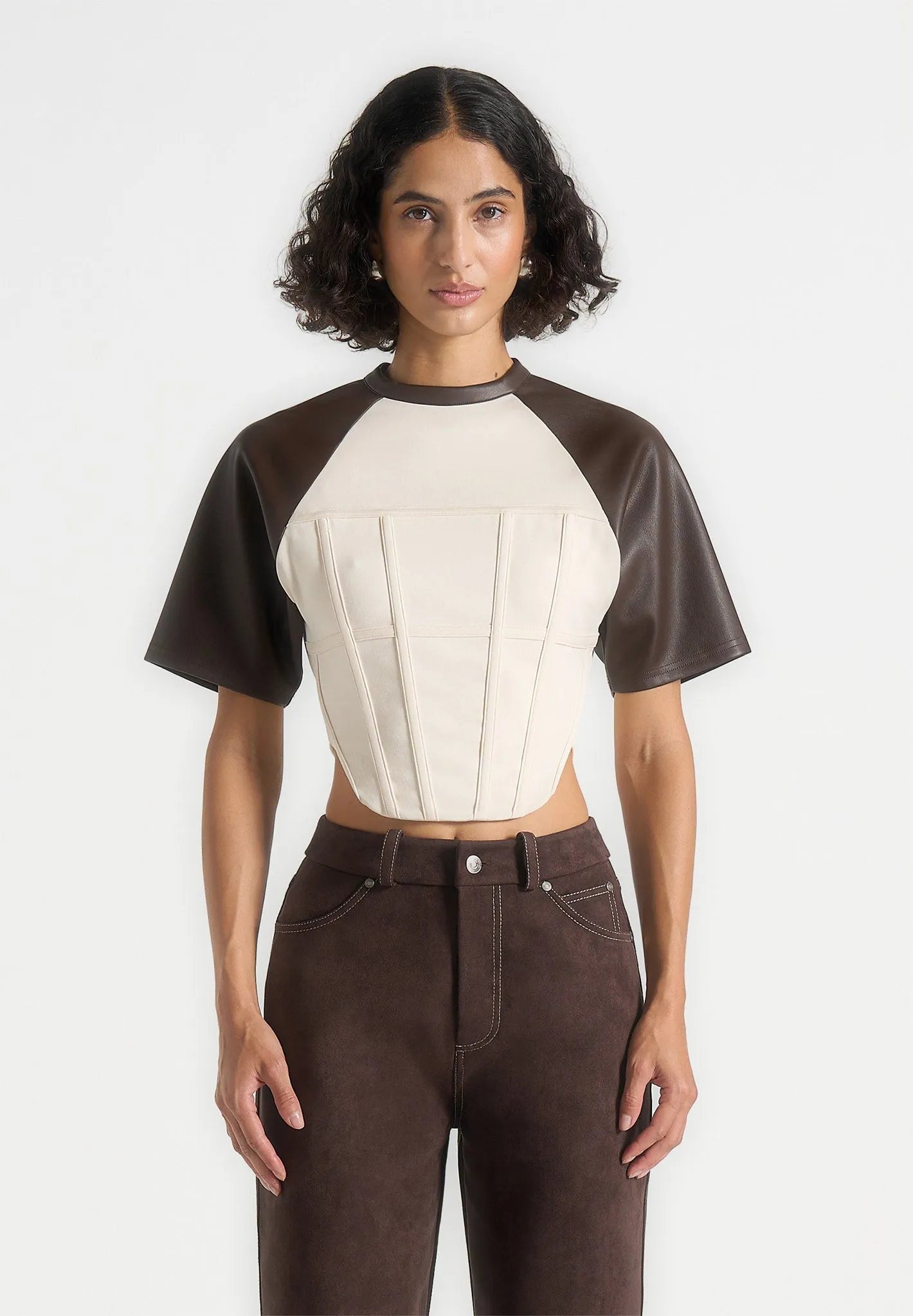 Fashion-Forward Juline - Leather Corset T-Shirt - Cream/Brown