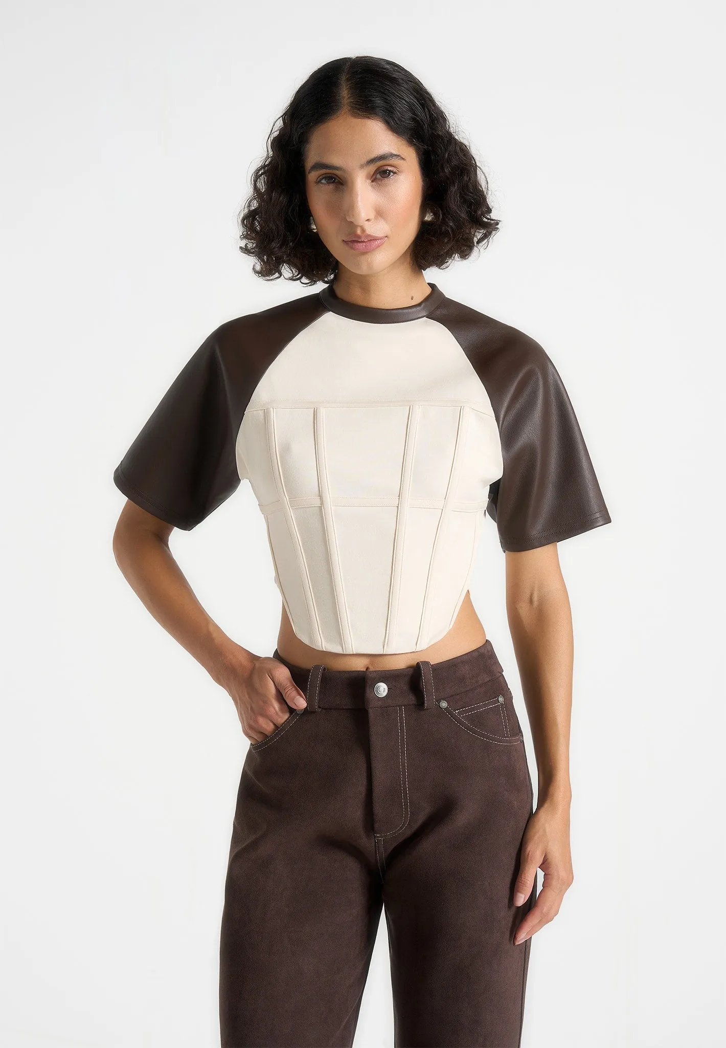 Juline - Leather Corset T-Shirt - Cream/Brown VintageWashEffect Pastel color