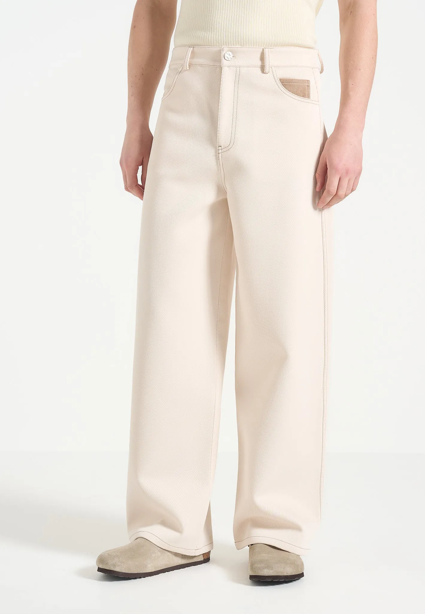 Lazare - Wide Leg Twill Jeans - Cream Stone Wash Finish