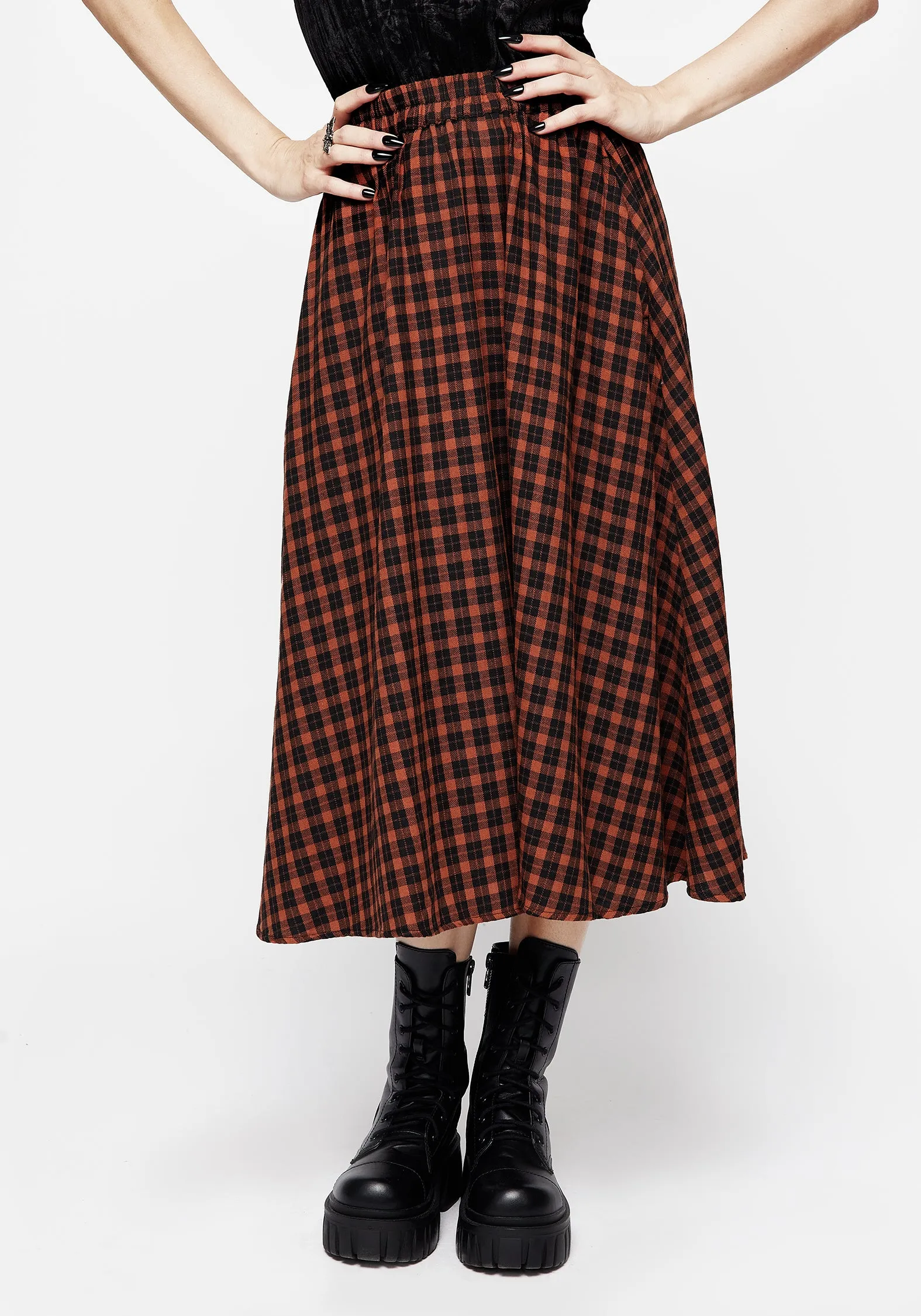 Terra Check Midi Skirt - Orange HiddenDrawcord Stylish Waistband