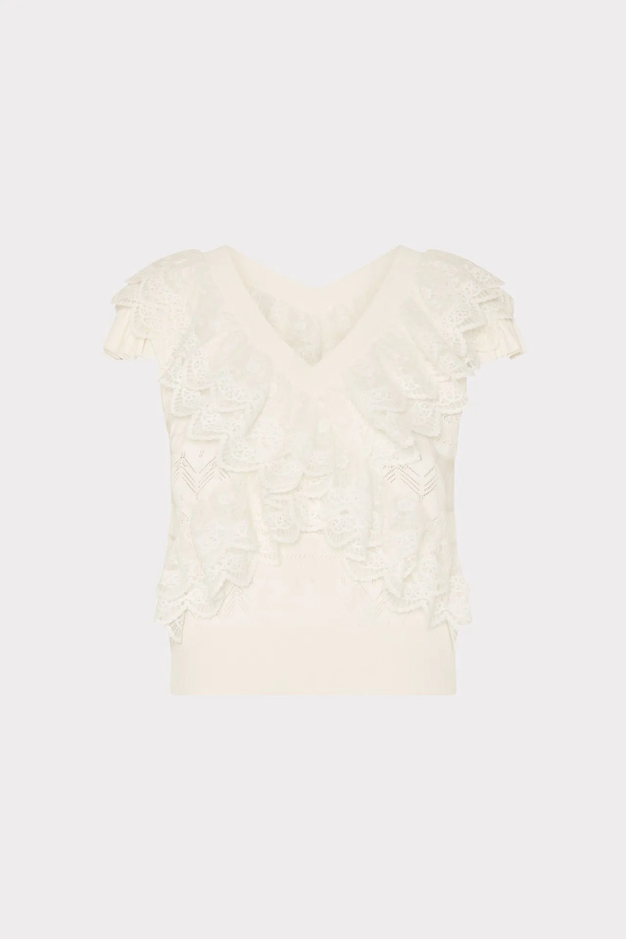 NonRestrictive Armholes Contrast Topstitching Detail Lace Ruffle Knit V-Neck Top