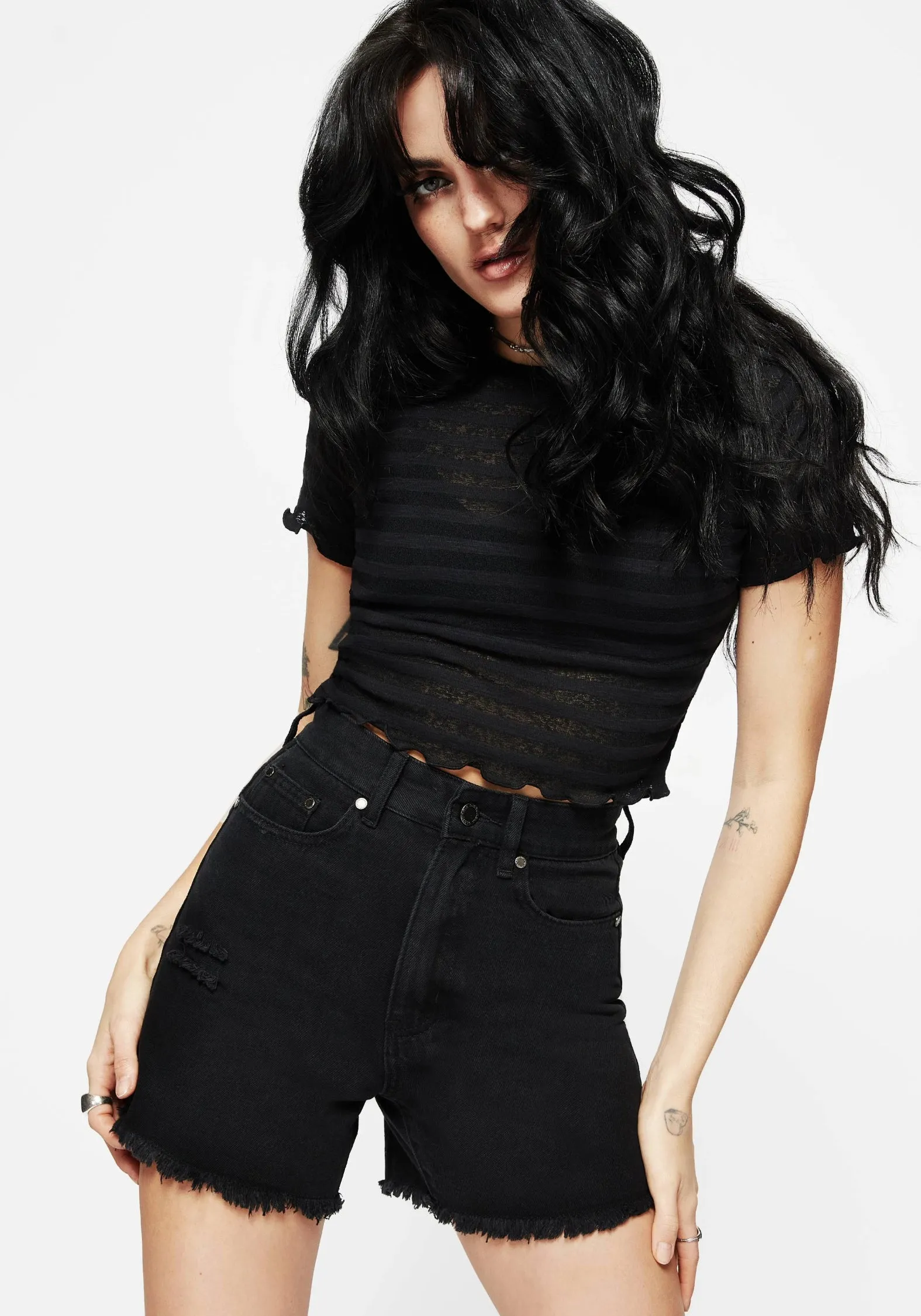 Ruching Details Planchette Embroidered Distressed Denim Shorts