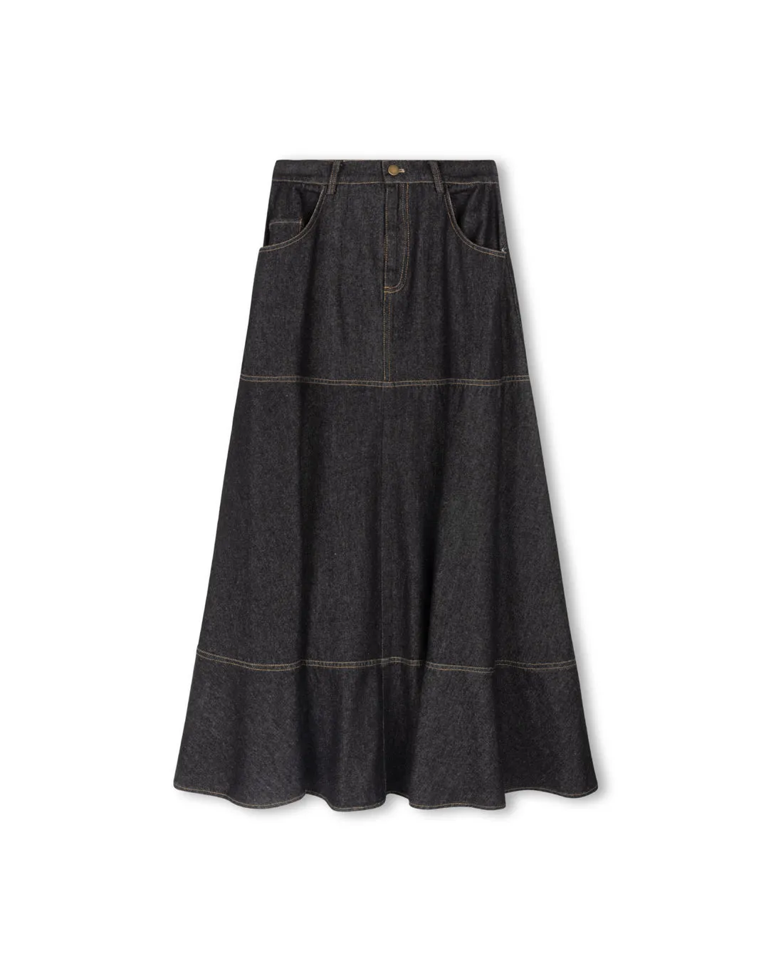 Fitted Cut Earth Tones Large Yolk Denim Skirt