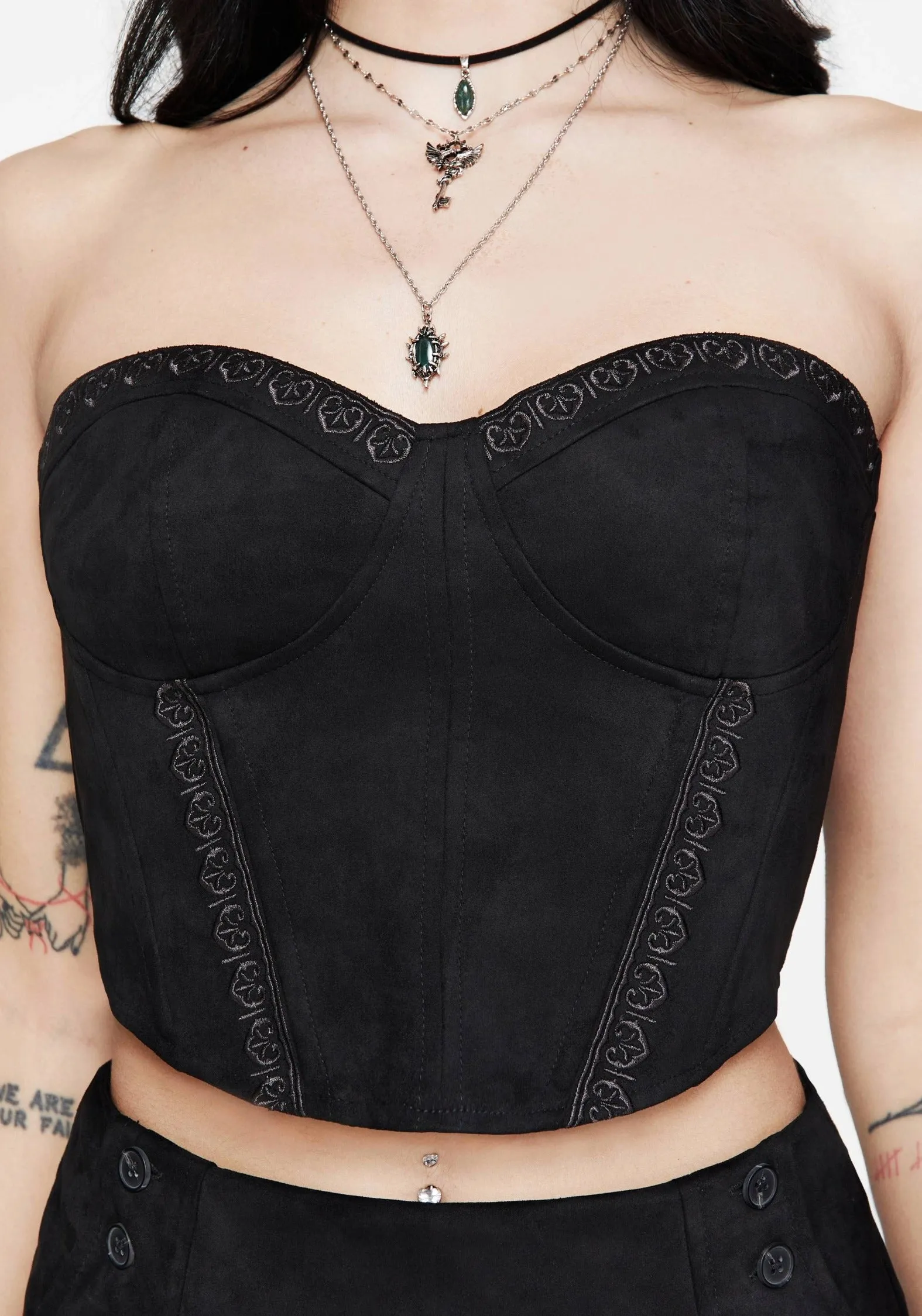 Lauma Faux Suede Corset Top Flexible Ribbed Cuffs High Collar Protection Design