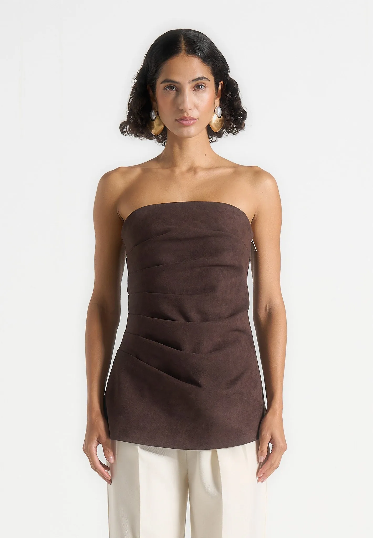 Laurena - Suede Tacked Longline Bandeau Top - Brown Classic and Comfy Comfortable And Trendy