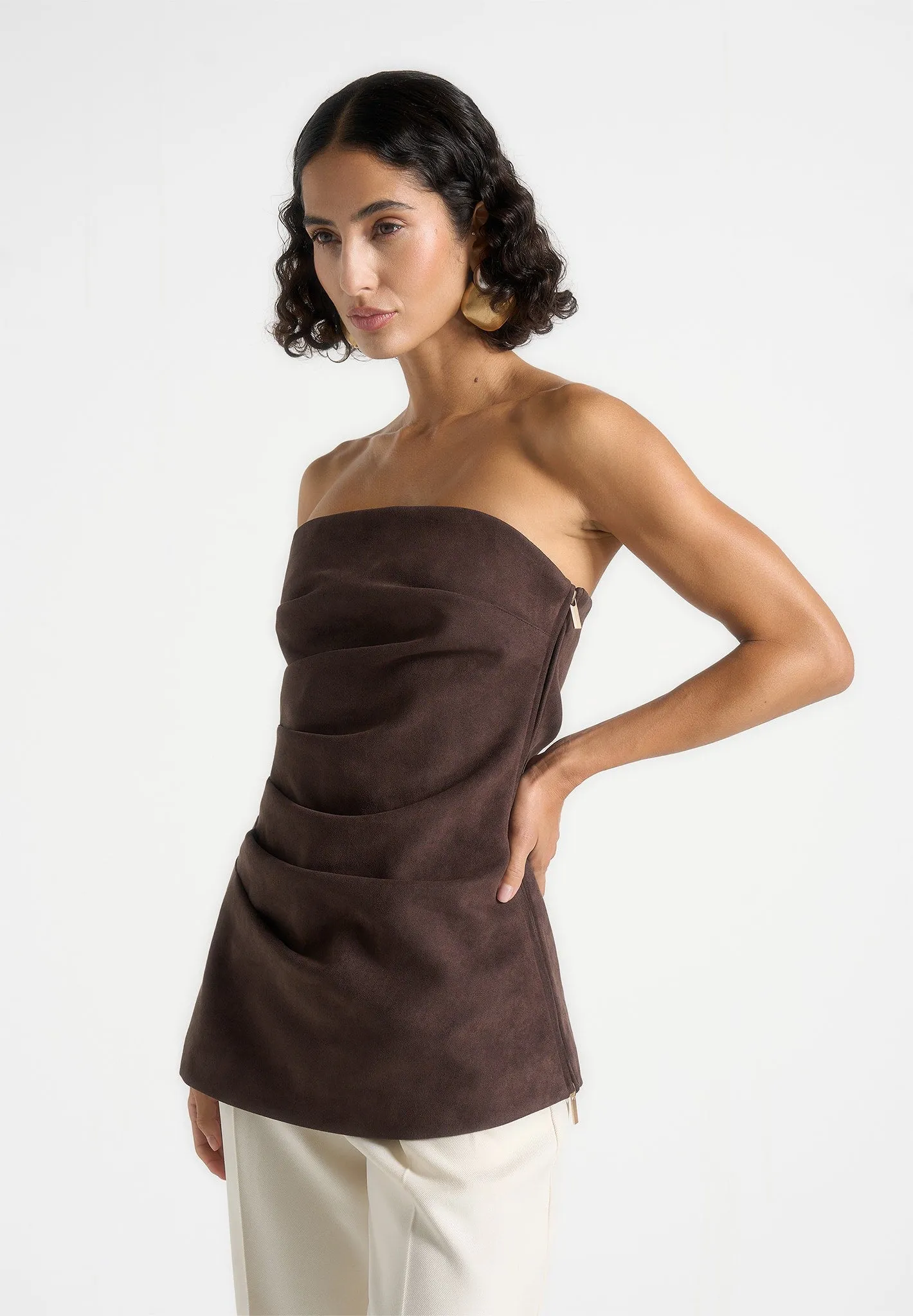 Functional Wearable Office Attire Laurena - Suede Tacked Longline Bandeau Top - Brown