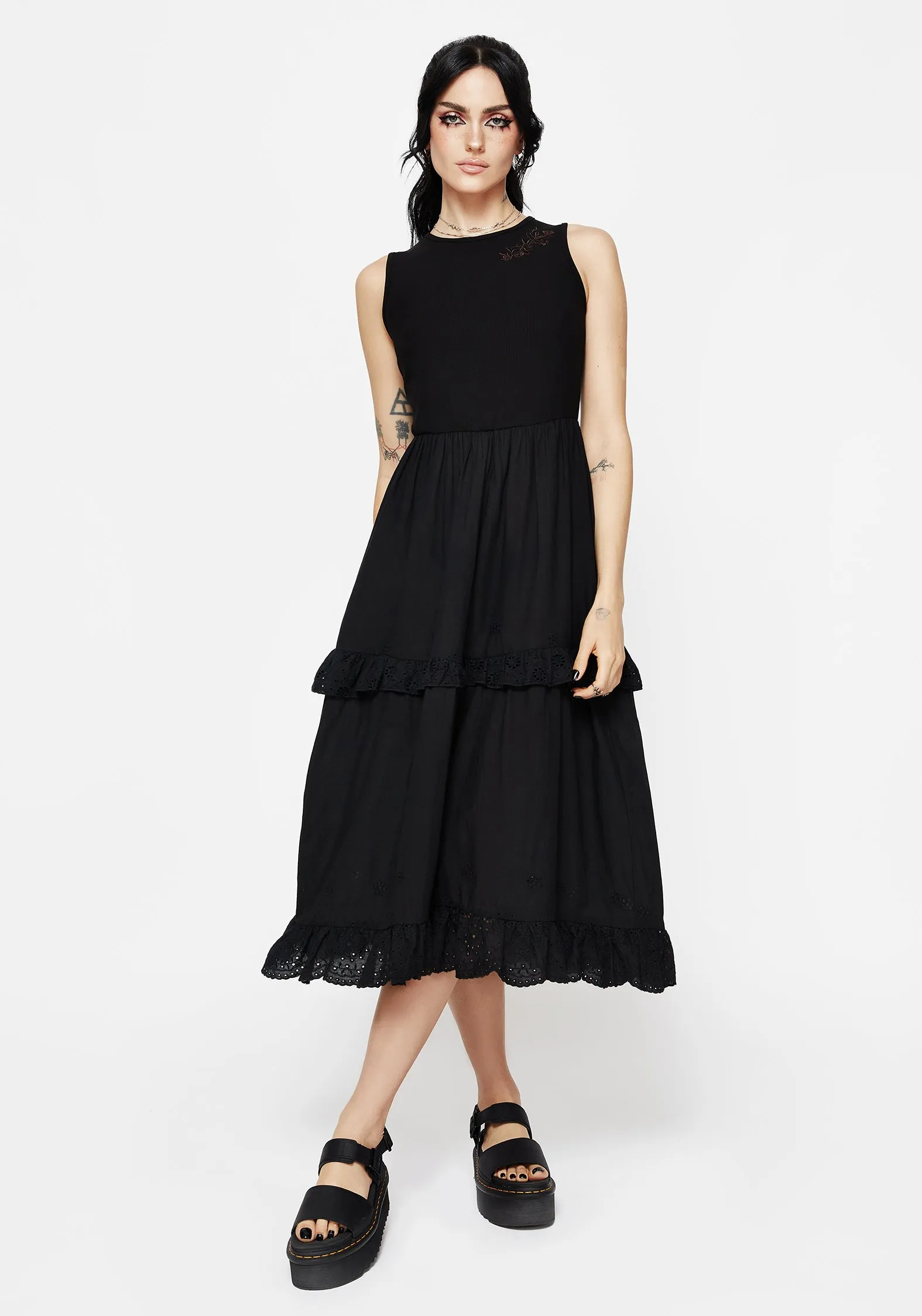 Laveau Embroidered Broderie Midi Dress Graceful Aging