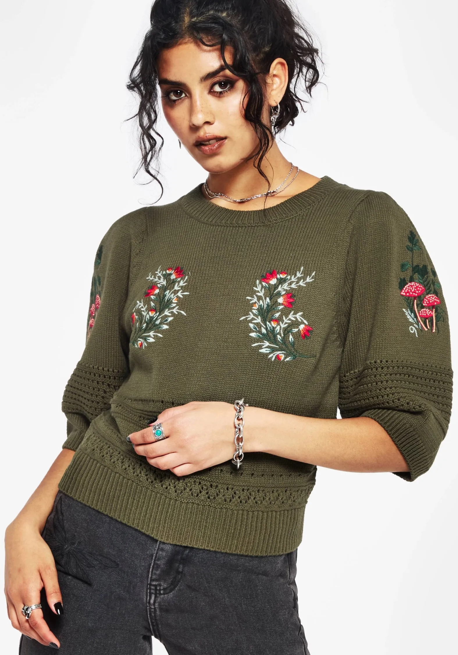 Lavish Mushroom Embroidered Short Sleeve Knit Top Non Chafing Seams Urban Casual