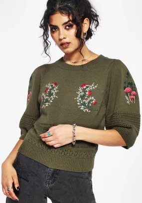 Heather Effect Finish NonRestrictive Cut Lavish Mushroom Embroidered Short Sleeve Knit Top