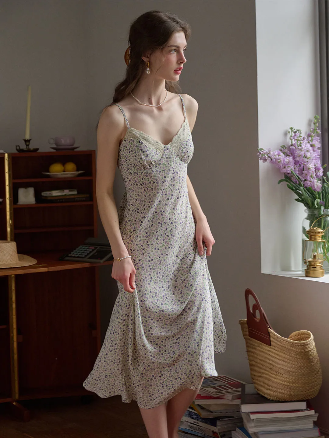 Juliana Lace Patchwork V-neck Floral Suspender Dress-Apricot Work-to-Play Wear Glam Feel