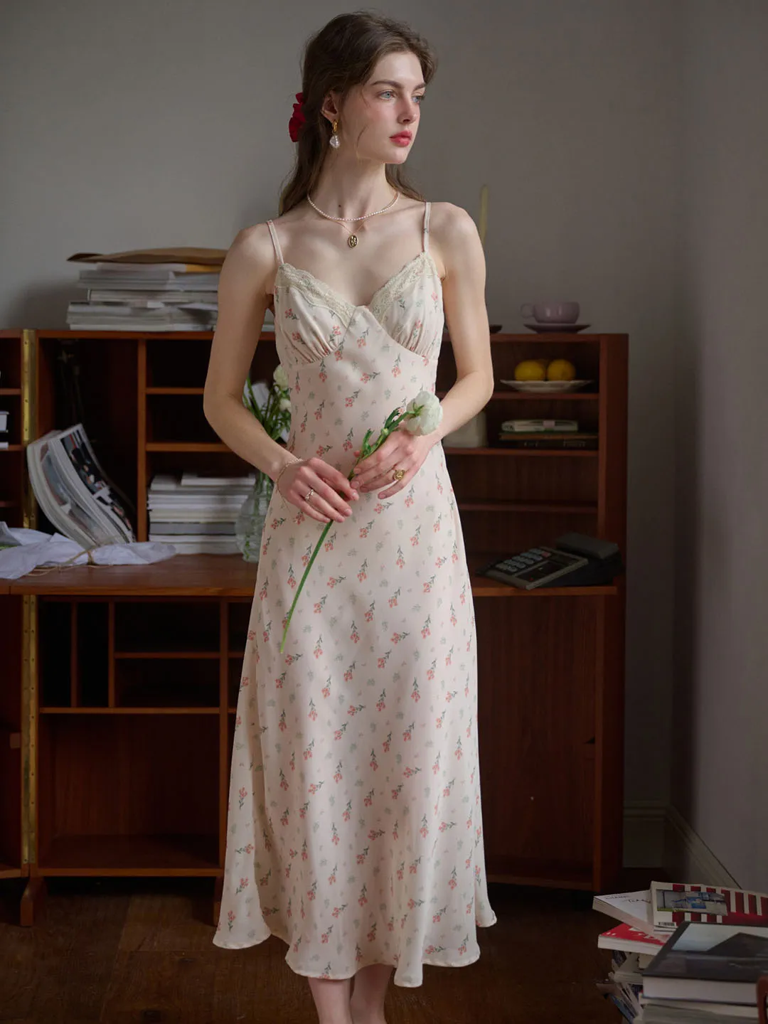 Juliana Lace Patchwork V-neck Floral Suspender Dress-Apricot Gathered-Detail