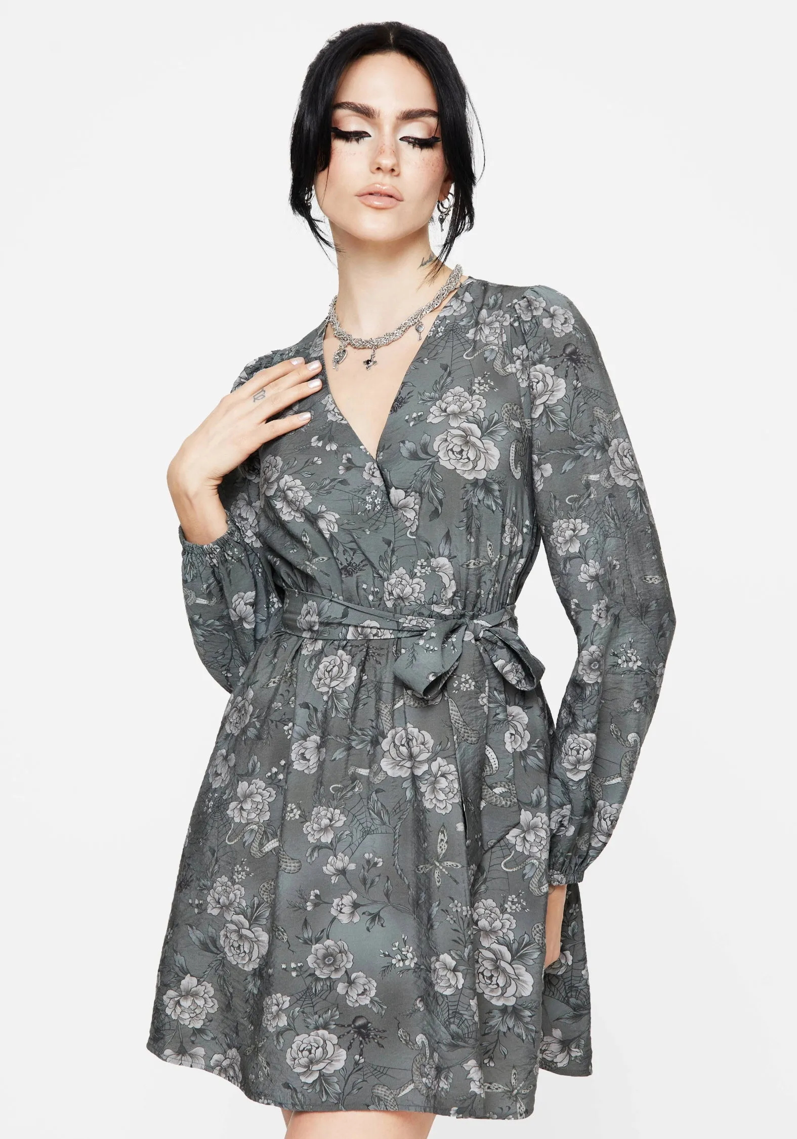 luxe feel Slender Look Meadow Floral Serpent Print Mini Wrap Dress